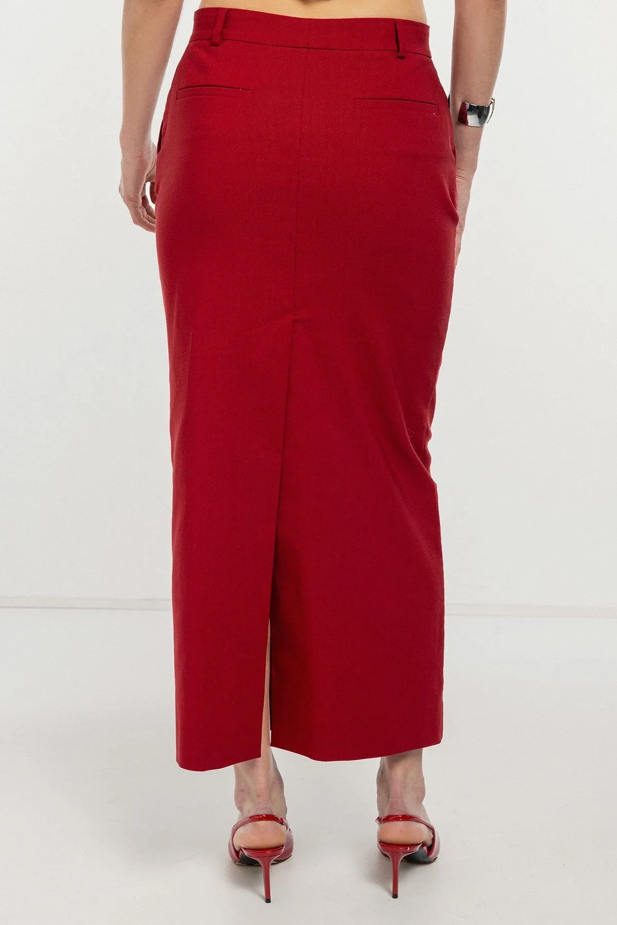 Burgundy Fitted Pencil Midi Skirt