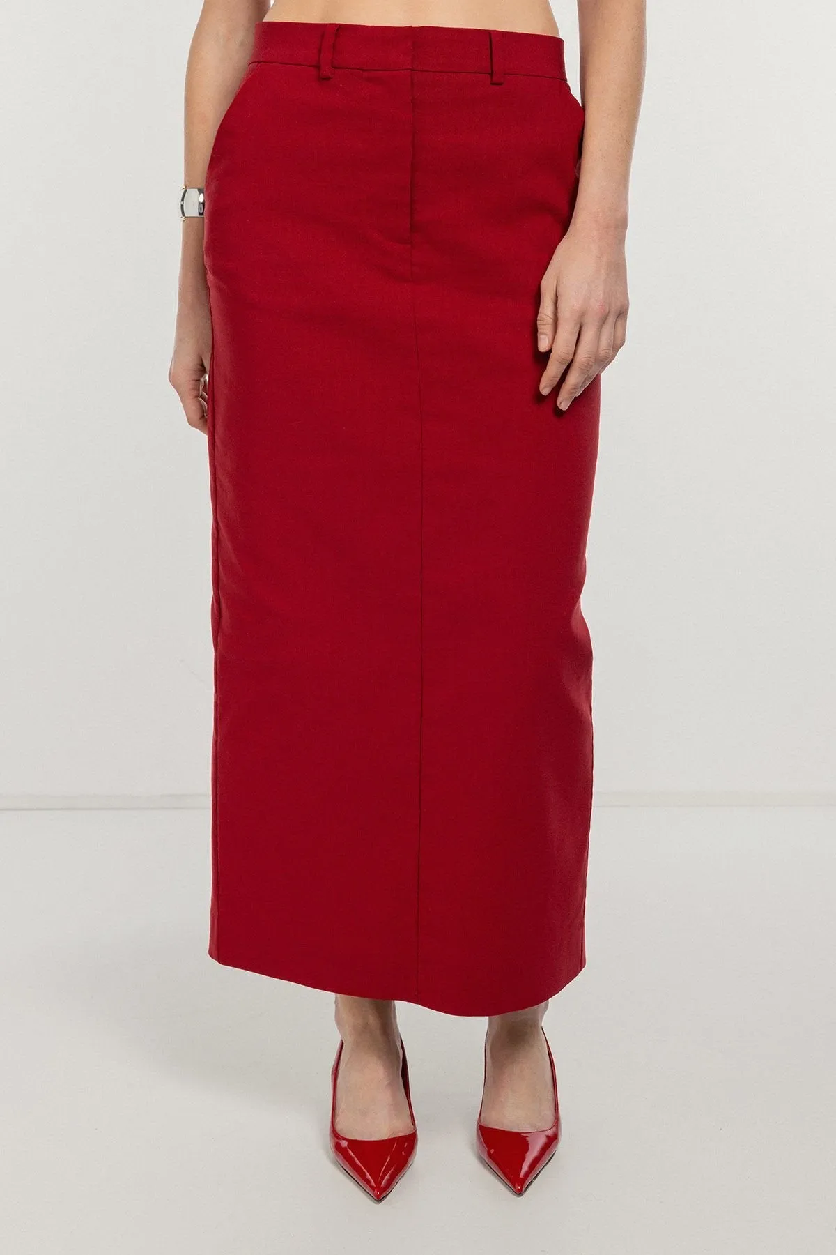 Burgundy Fitted Pencil Midi Skirt