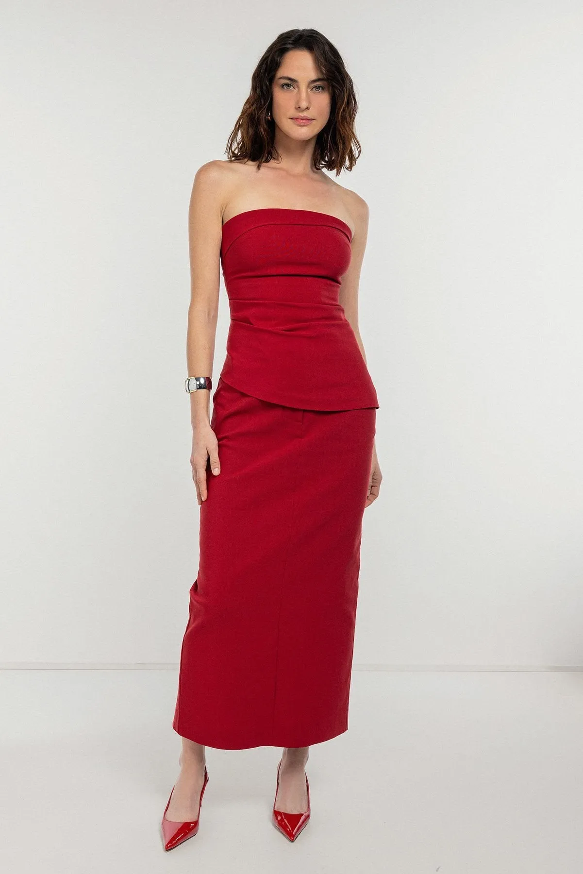 Burgundy Fitted Pencil Midi Skirt