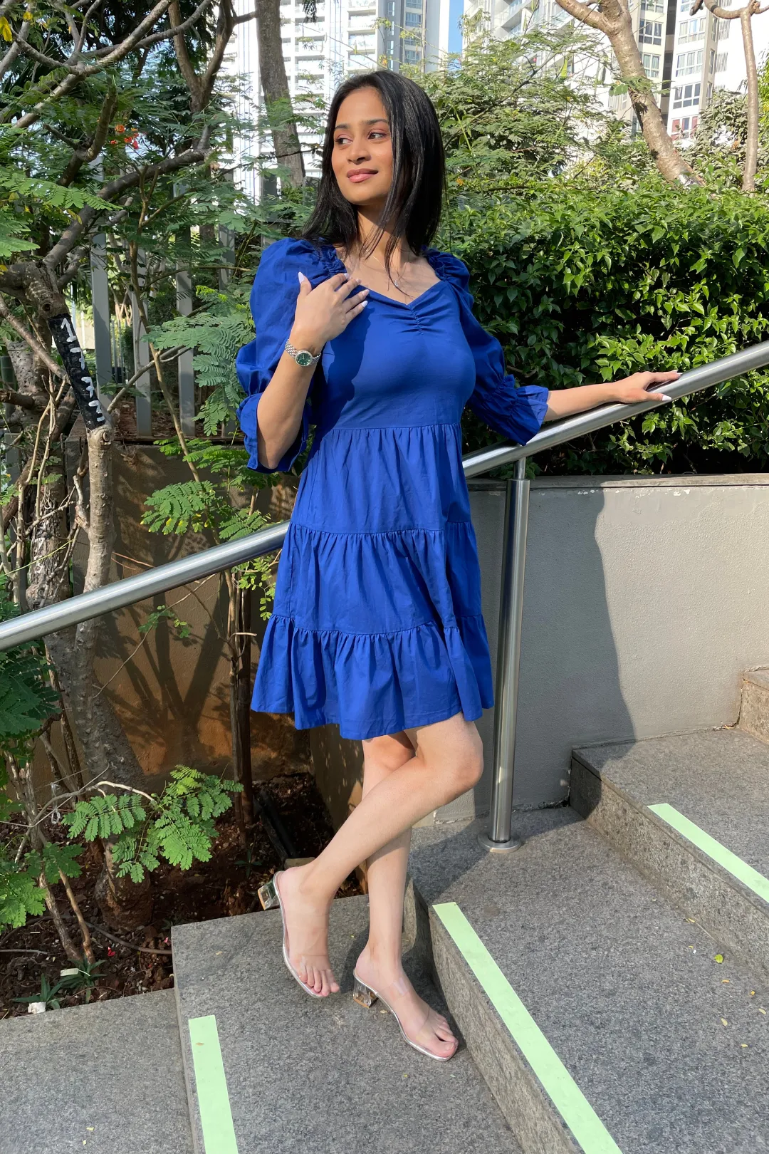 Carol - Royal Blue Cotton Tiered Bow Tie Dress