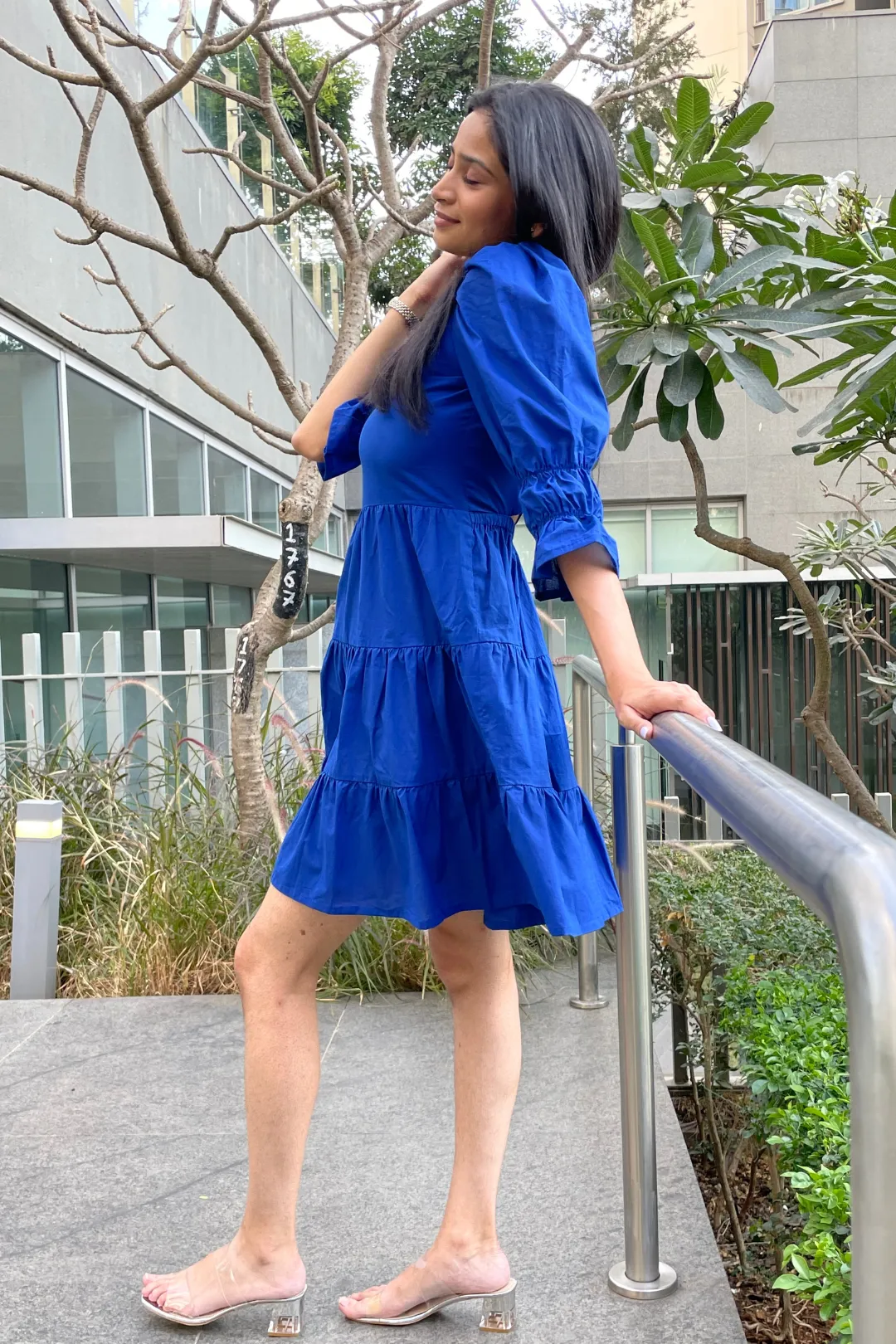 Carol - Royal Blue Cotton Tiered Bow Tie Dress