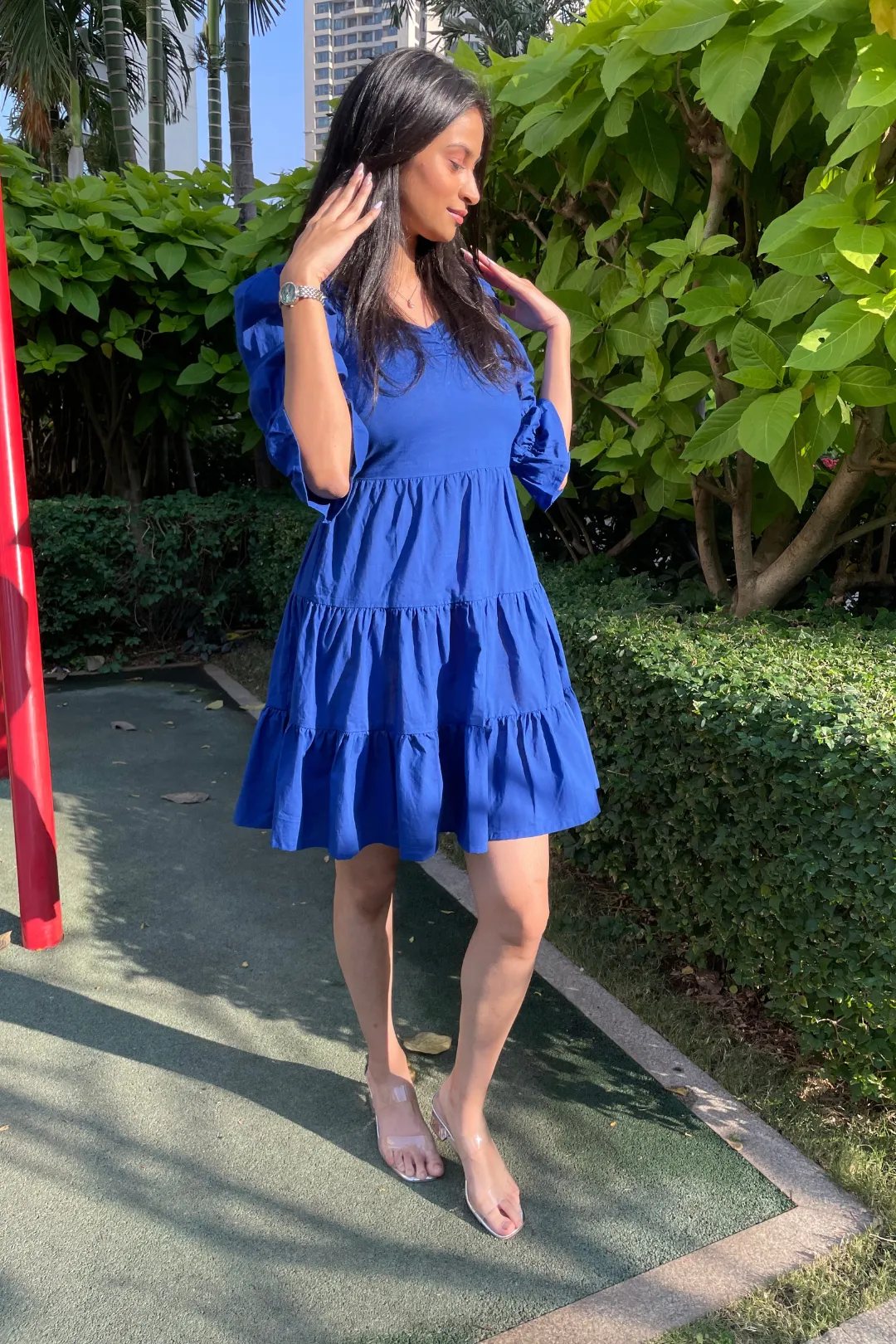 Carol - Royal Blue Cotton Tiered Bow Tie Dress