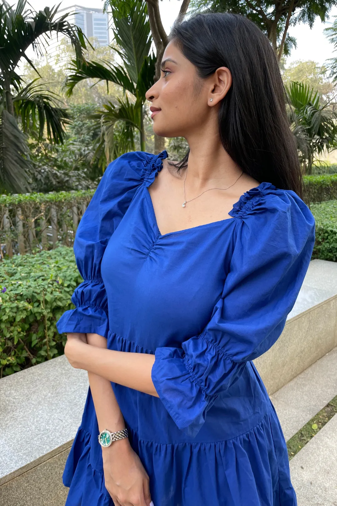 Carol - Royal Blue Cotton Tiered Bow Tie Dress
