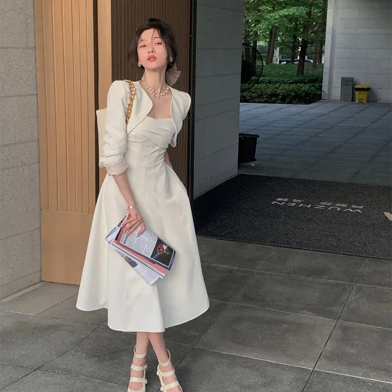 Chic White Summer Midi Dress - Vintage A-Line Style