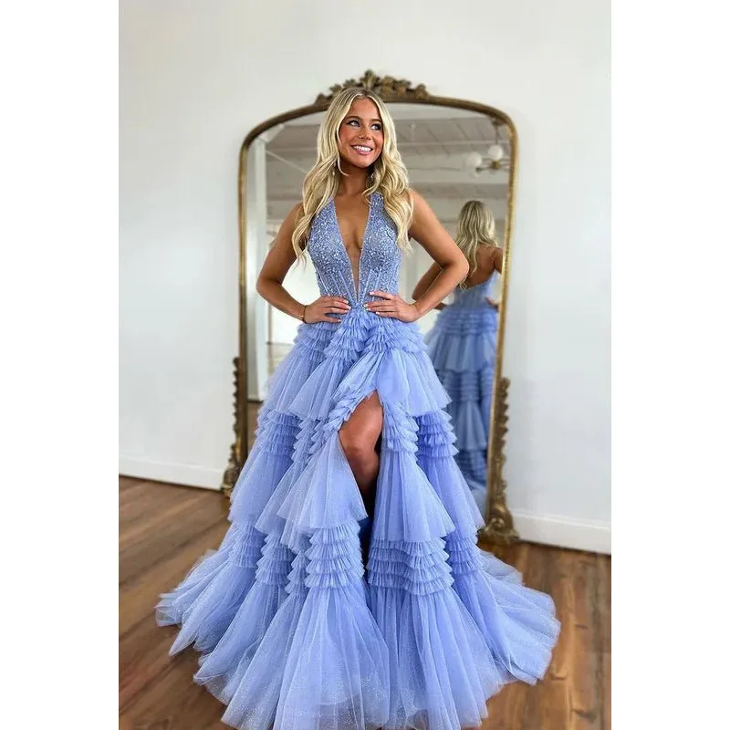 Classic & Timeless Sleeveless A-Line Deep V-Neck Side Slit Tulle Formal Prom Dress
