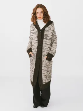 Contrasting Hooded Long Knitted Cardigan