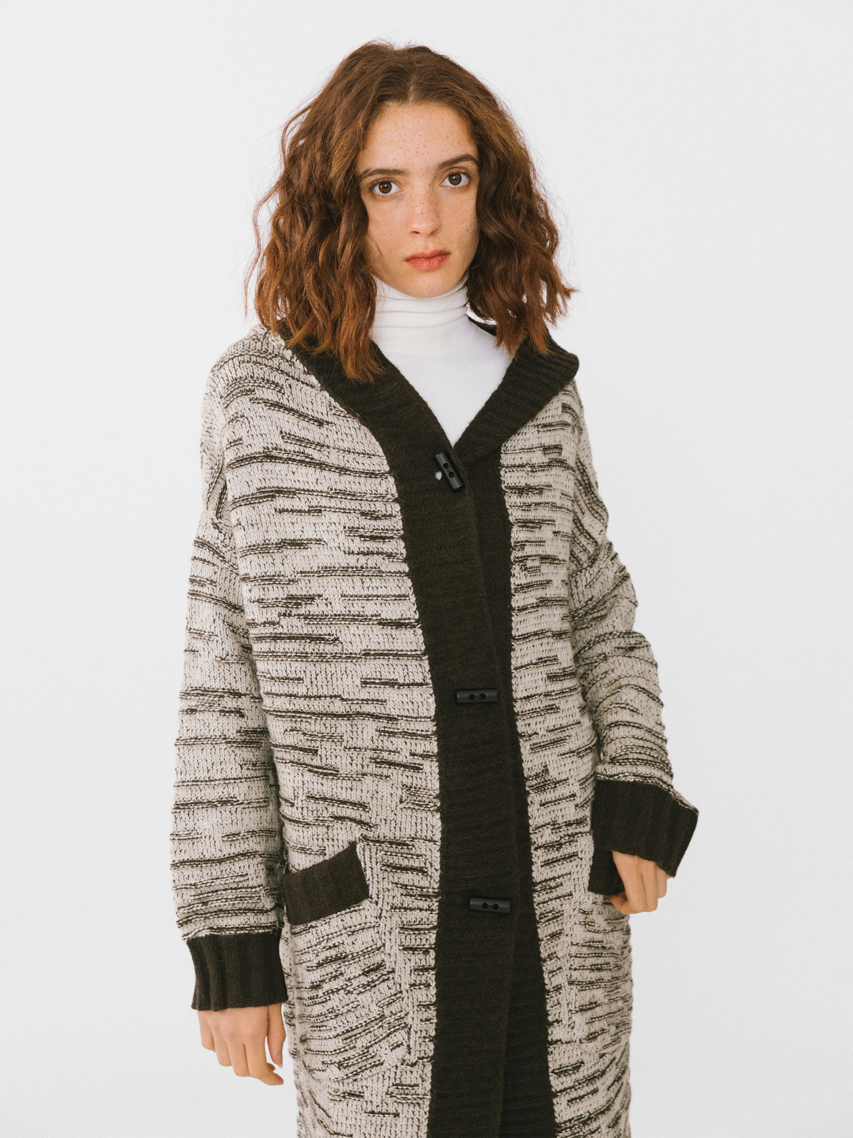 Contrasting Hooded Long Knitted Cardigan