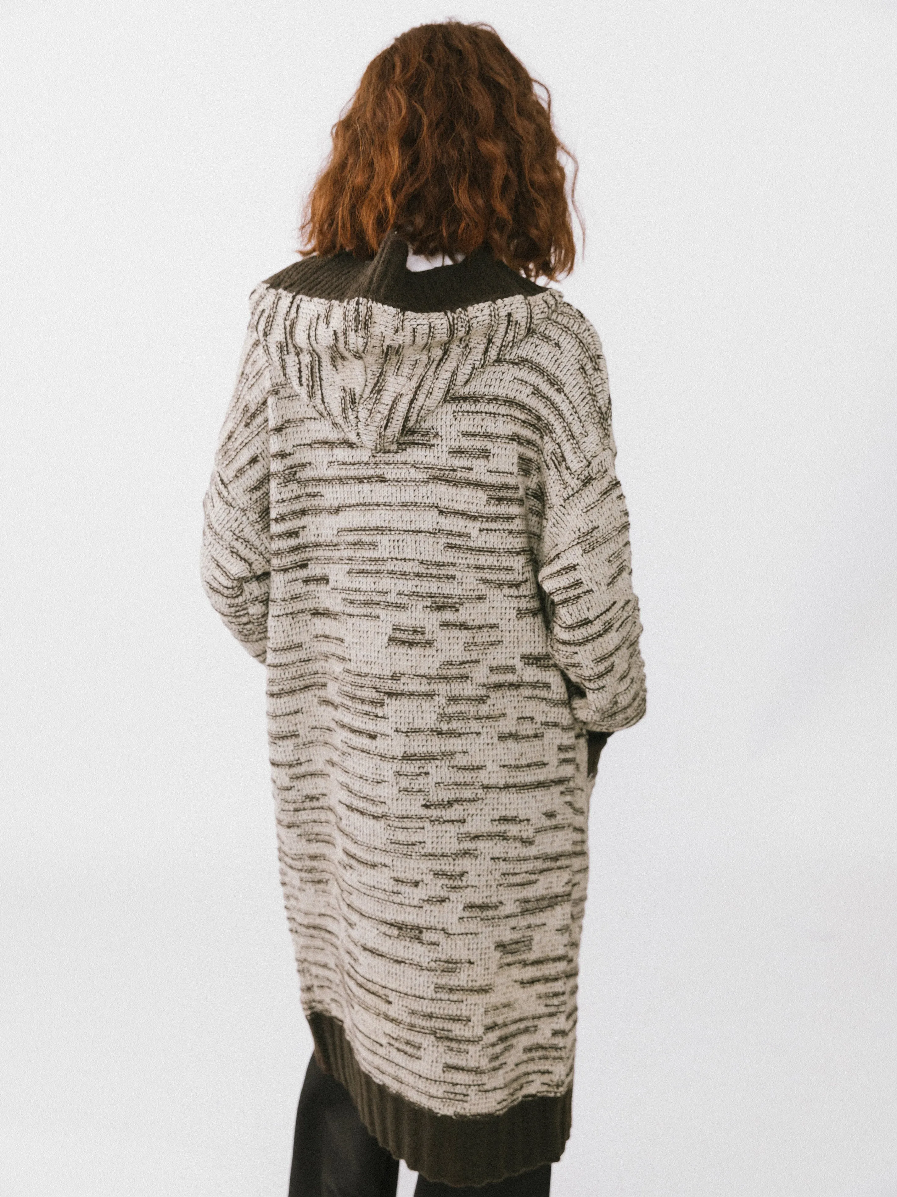 Contrasting Hooded Long Knitted Cardigan