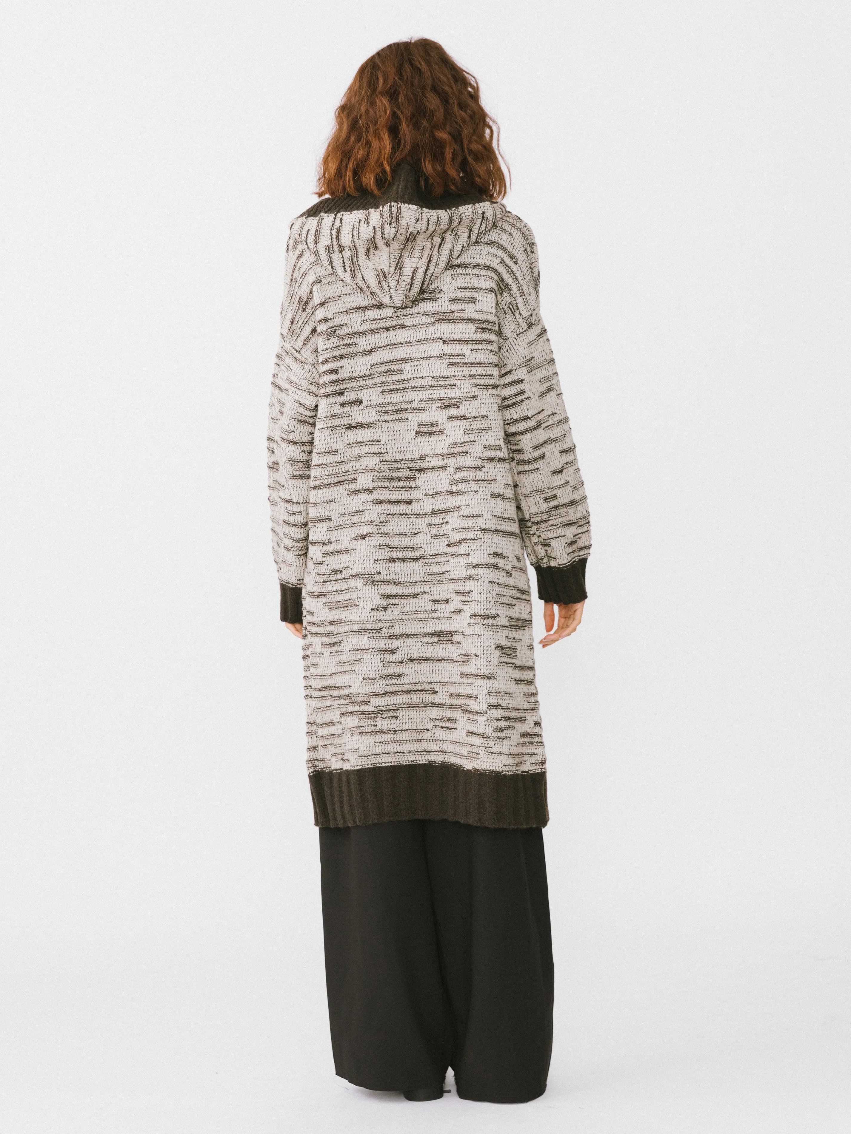 Contrasting Hooded Long Knitted Cardigan