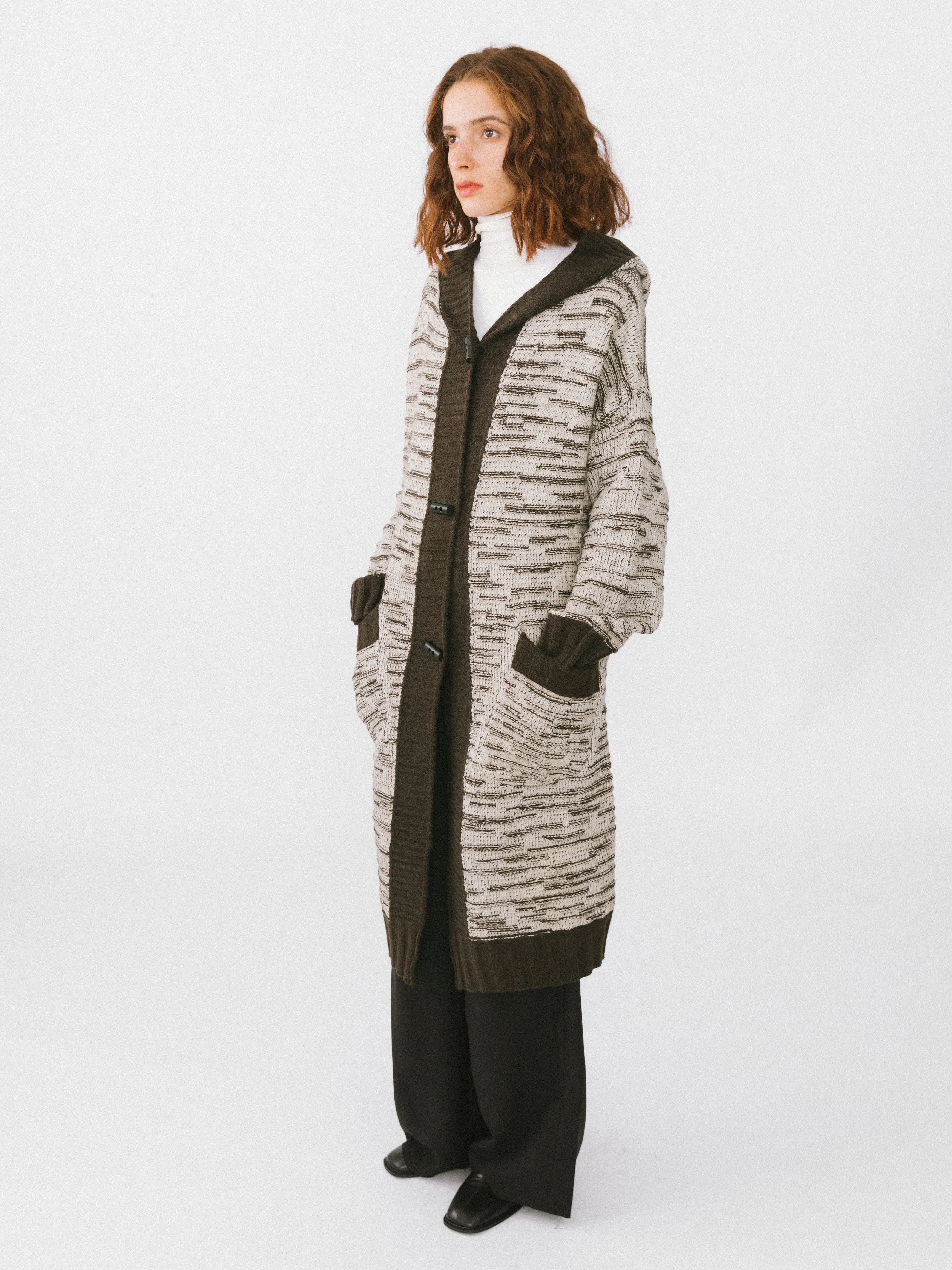 Contrasting Hooded Long Knitted Cardigan