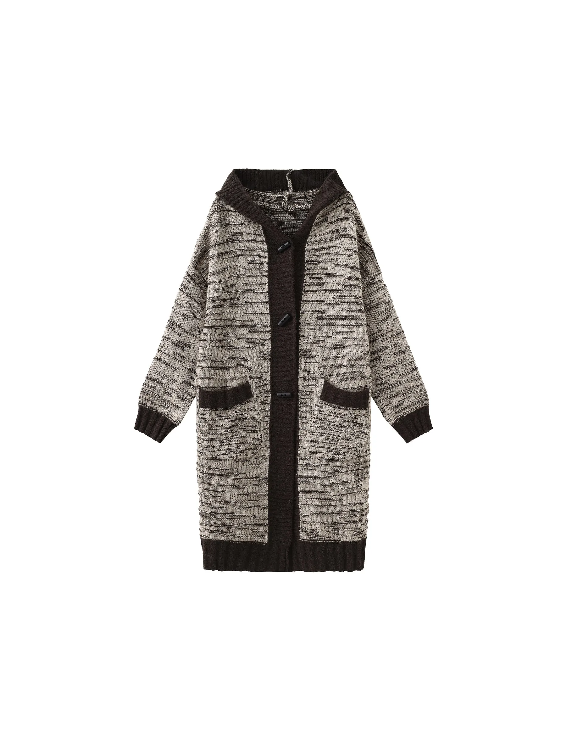Contrasting Hooded Long Knitted Cardigan