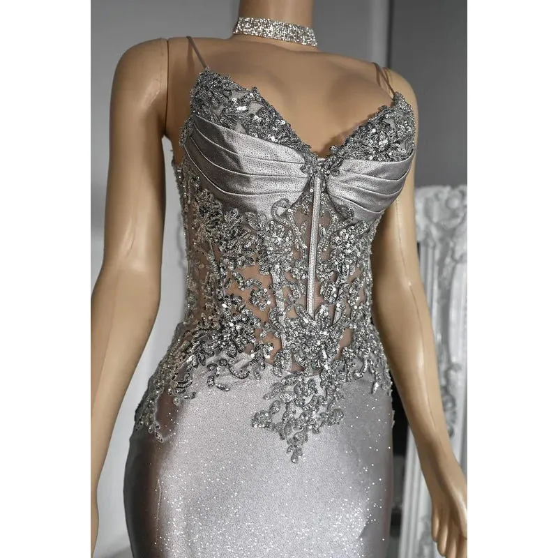 Couture & Ornate Spaghetti Straps V neck Mermaid Sequins Evening Party Prom Dress