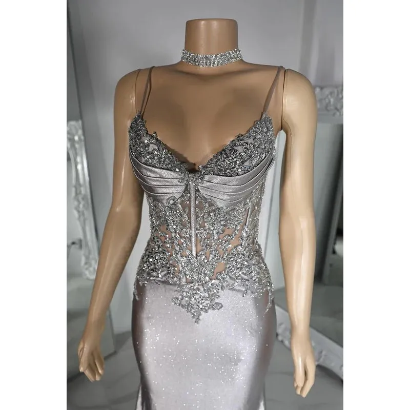 Couture & Ornate Spaghetti Straps V neck Mermaid Sequins Evening Party Prom Dress