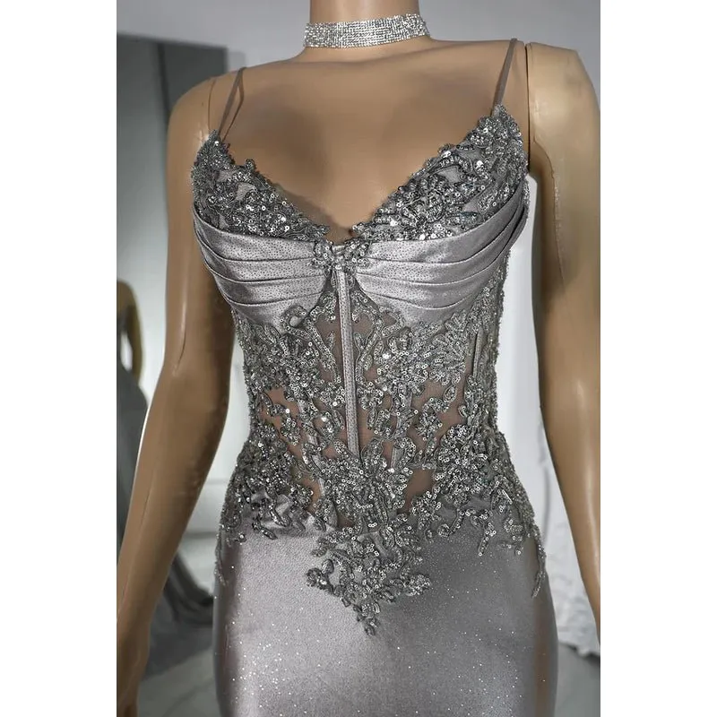 Couture & Ornate Spaghetti Straps V neck Mermaid Sequins Evening Party Prom Dress