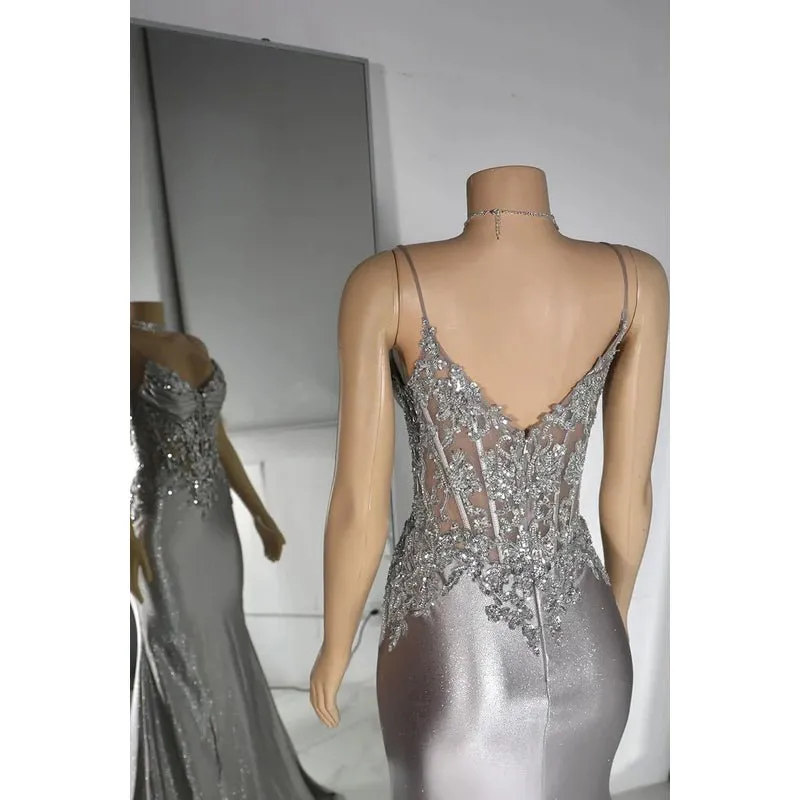 Couture & Ornate Spaghetti Straps V neck Mermaid Sequins Evening Party Prom Dress