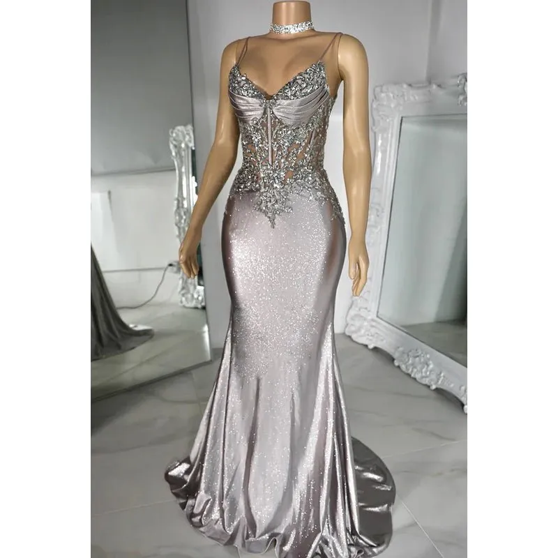 Couture & Ornate Spaghetti Straps V neck Mermaid Sequins Evening Party Prom Dress