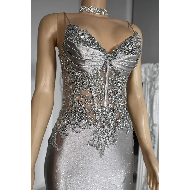 Couture & Ornate Spaghetti Straps V neck Mermaid Sequins Evening Party Prom Dress