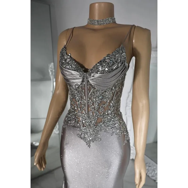 Couture & Ornate Spaghetti Straps V neck Mermaid Sequins Evening Party Prom Dress