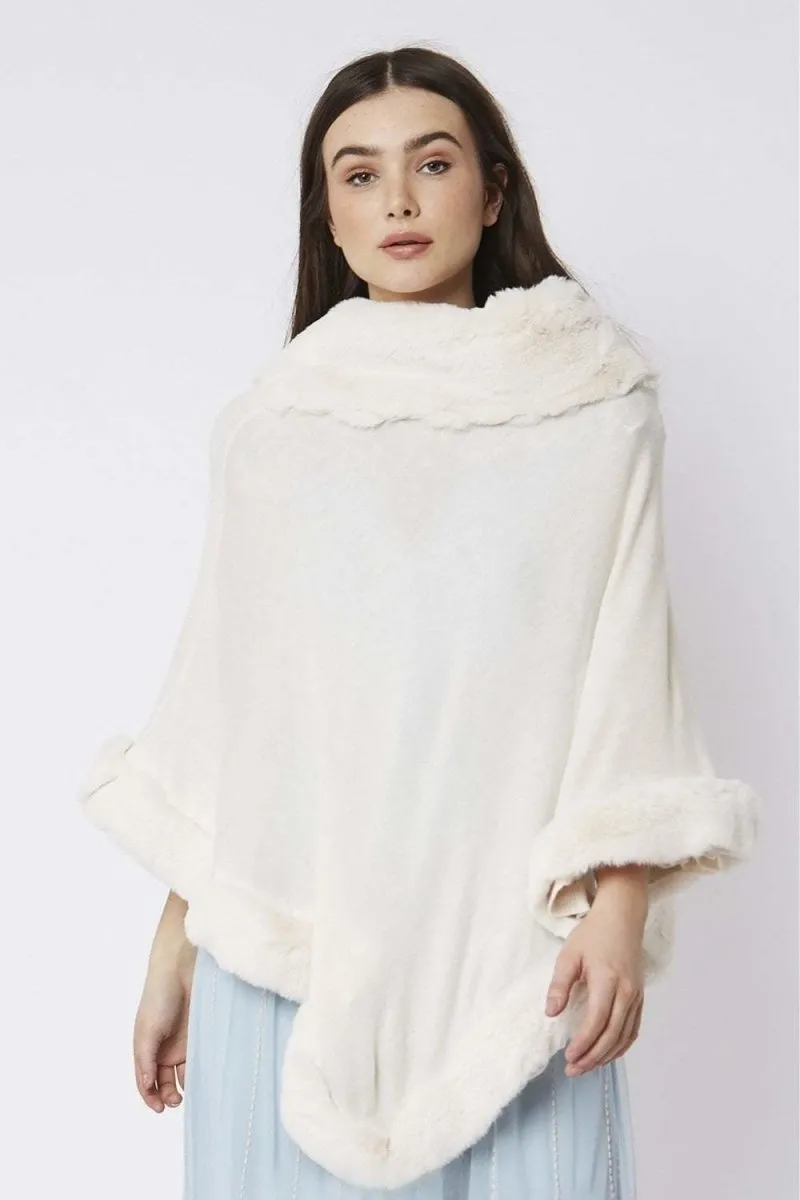 Cream Faux Fur Trim Poncho