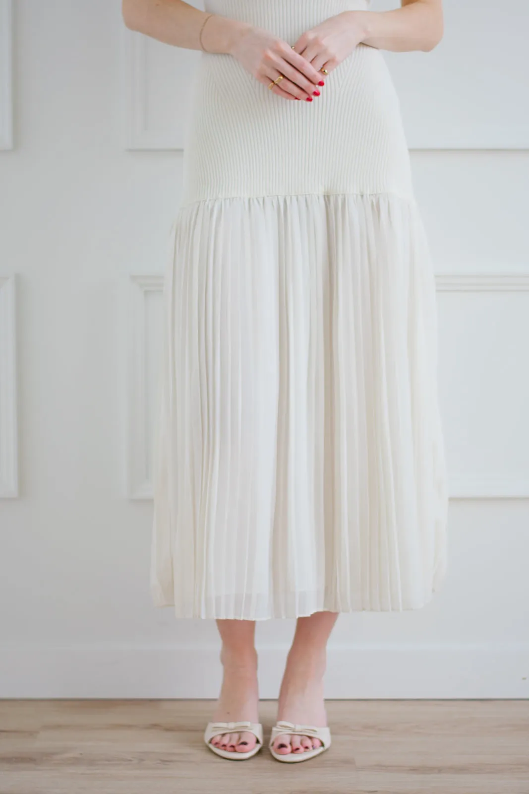Cream Ribbed Bodice Dress