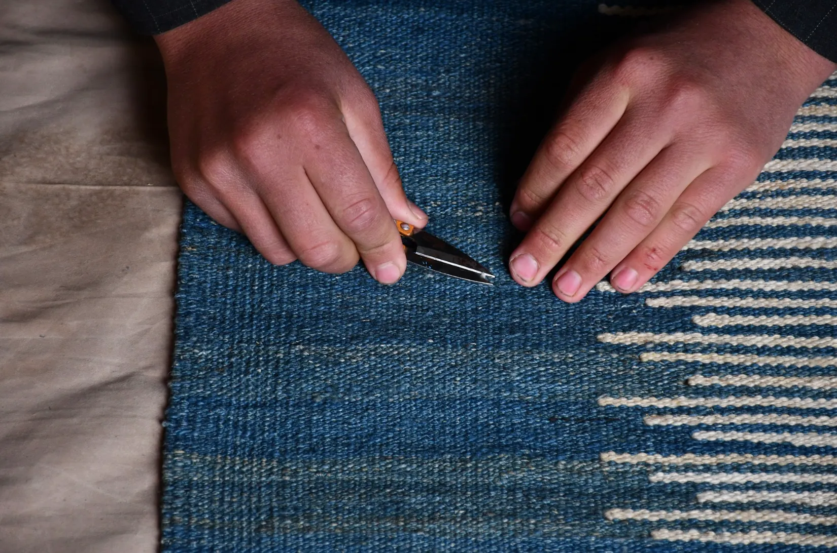 Cream with sky blue border kilim