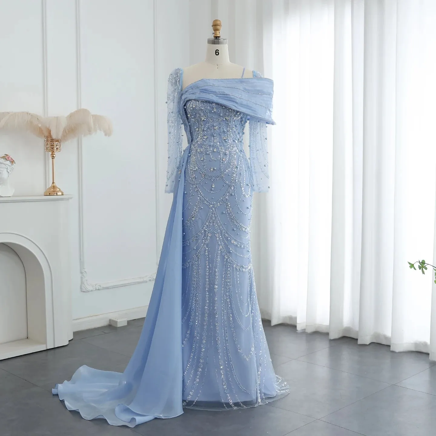 Crystal Mermaid Evening Gown with Overskirt