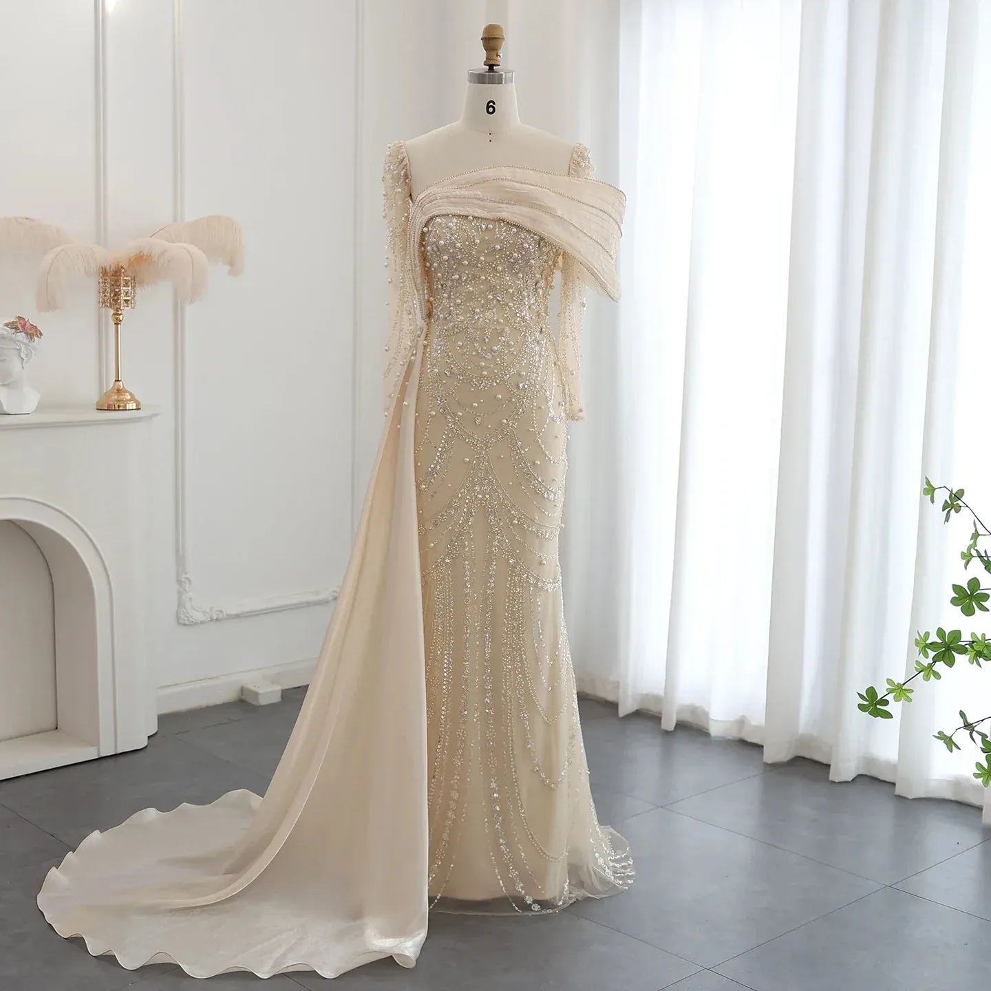Crystal Mermaid Evening Gown with Overskirt