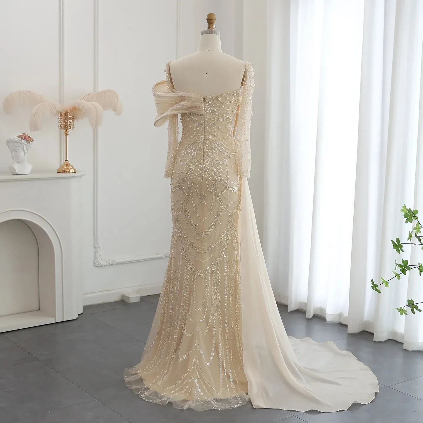 Crystal Mermaid Evening Gown with Overskirt