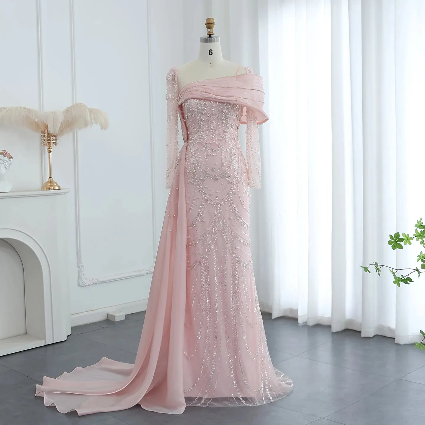 Crystal Mermaid Evening Gown with Overskirt