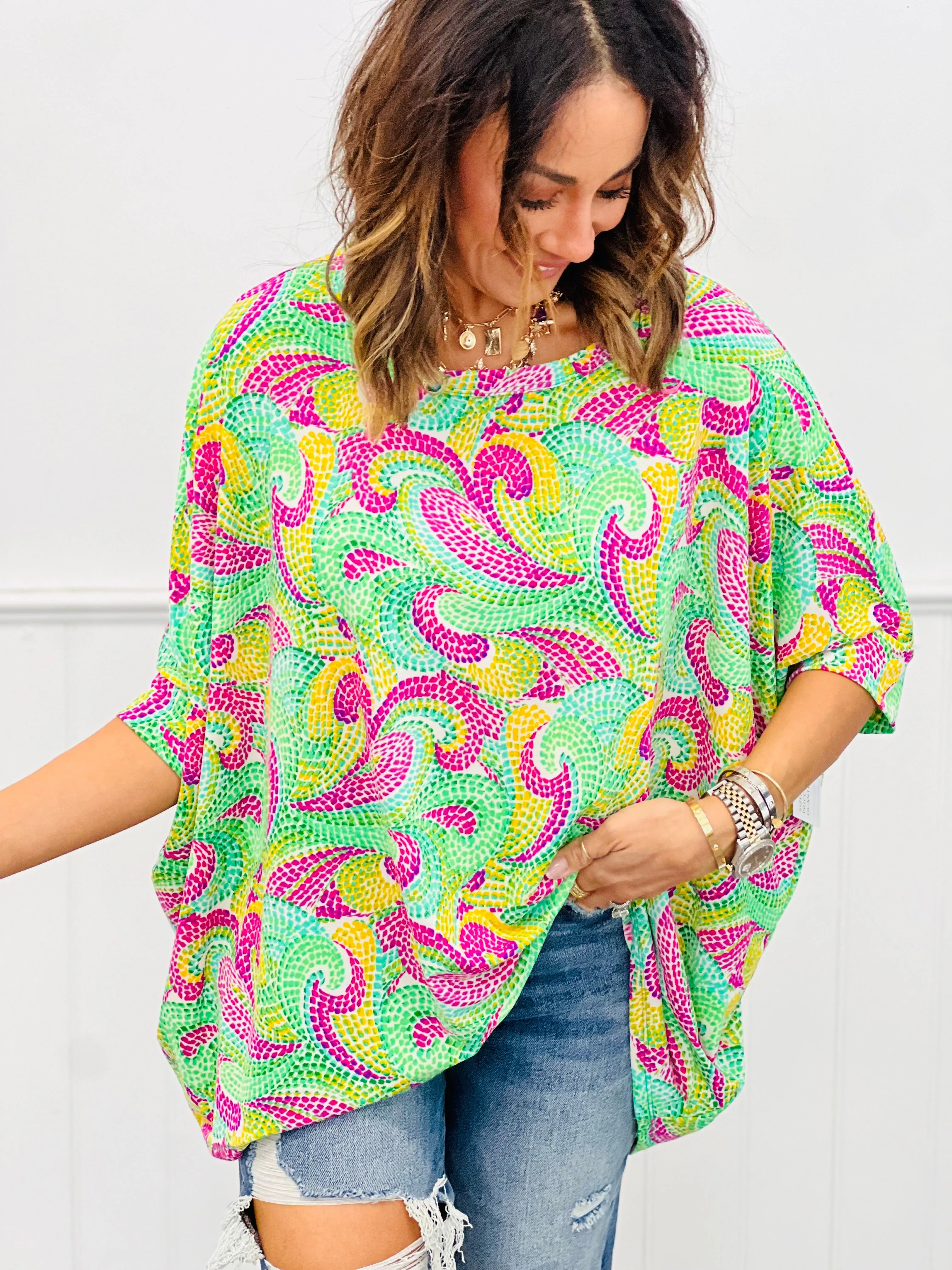 Dear Scarlett Green Multi Print Dolman Sleeve Poncho Top (Reg. and Plus)