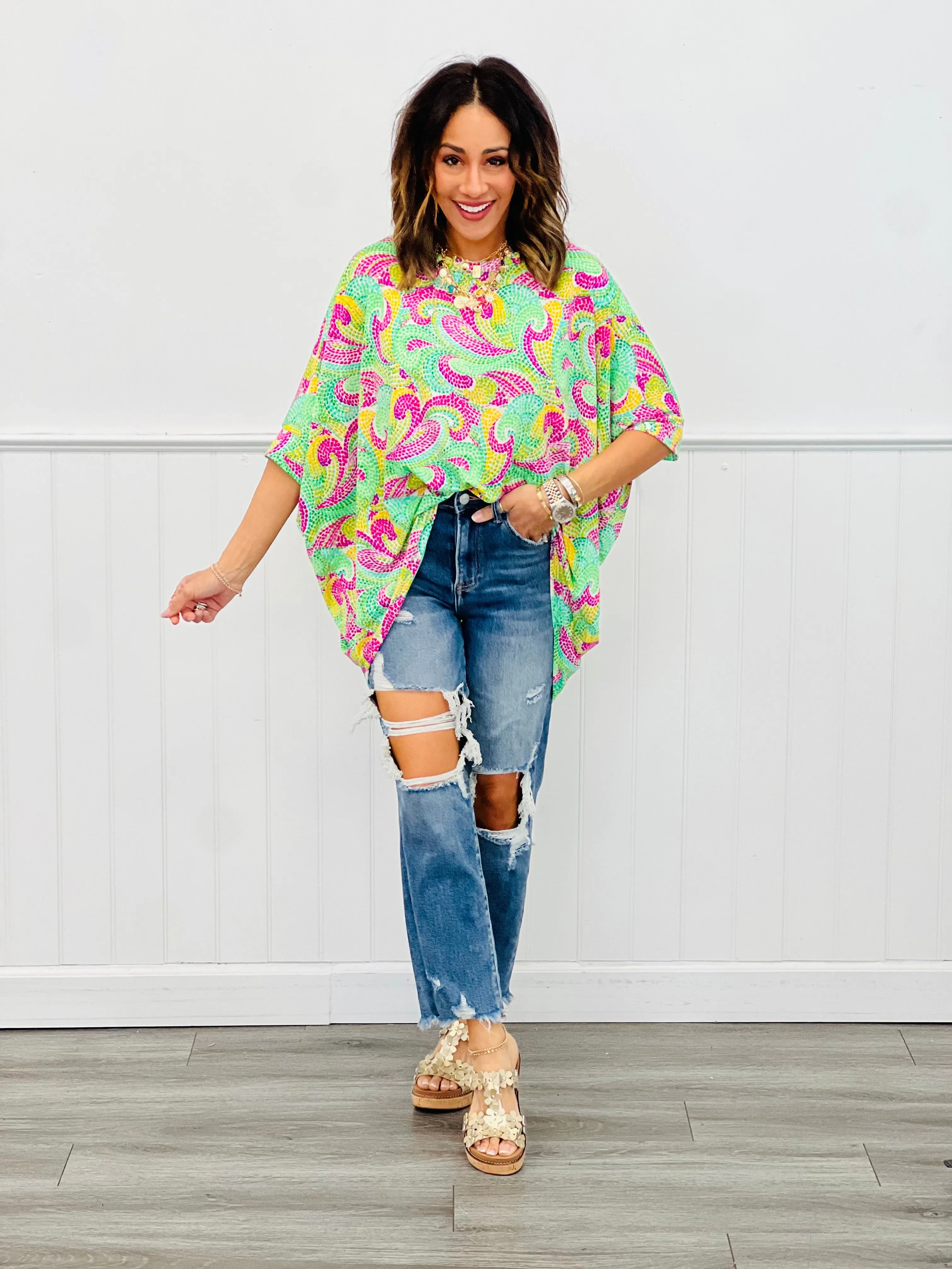 Dear Scarlett Green Multi Print Dolman Sleeve Poncho Top (Reg. and Plus)