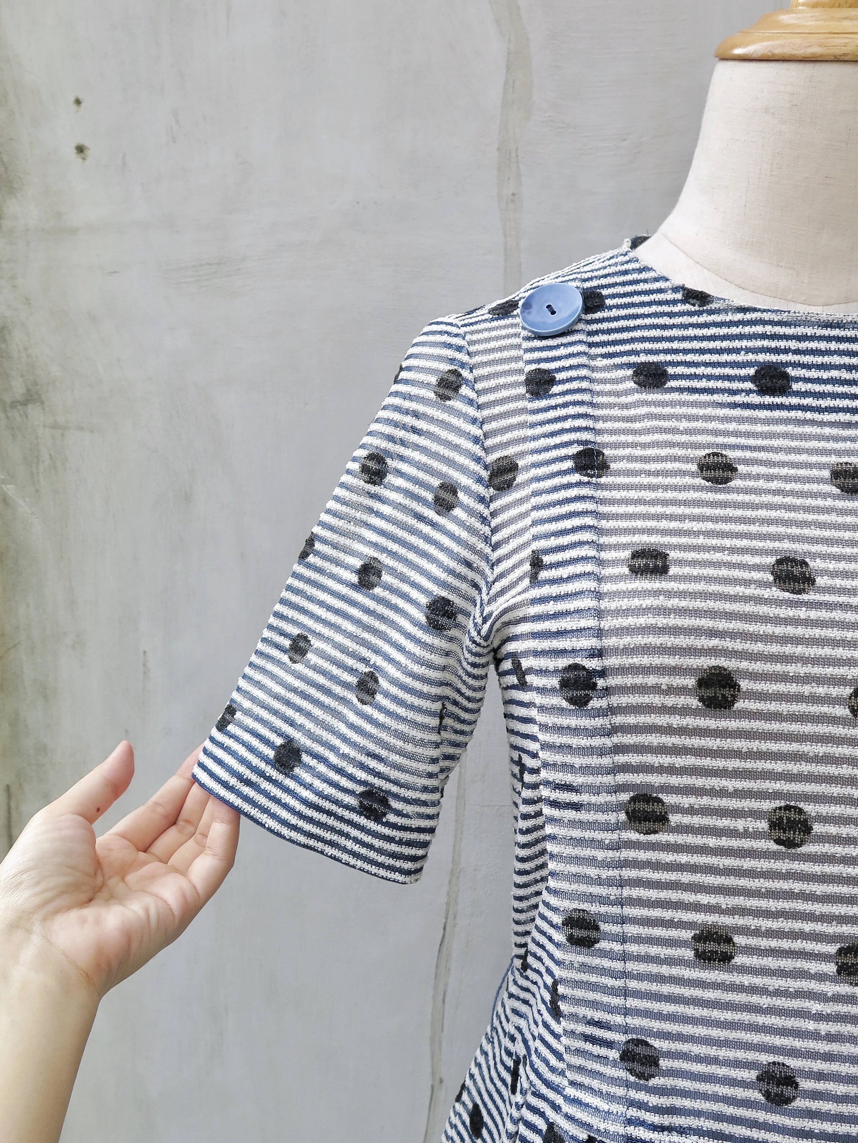 Deidre | Vintage 1950s 1960s textured blue, white, black polka dot pinstriped fit-and-flare dress