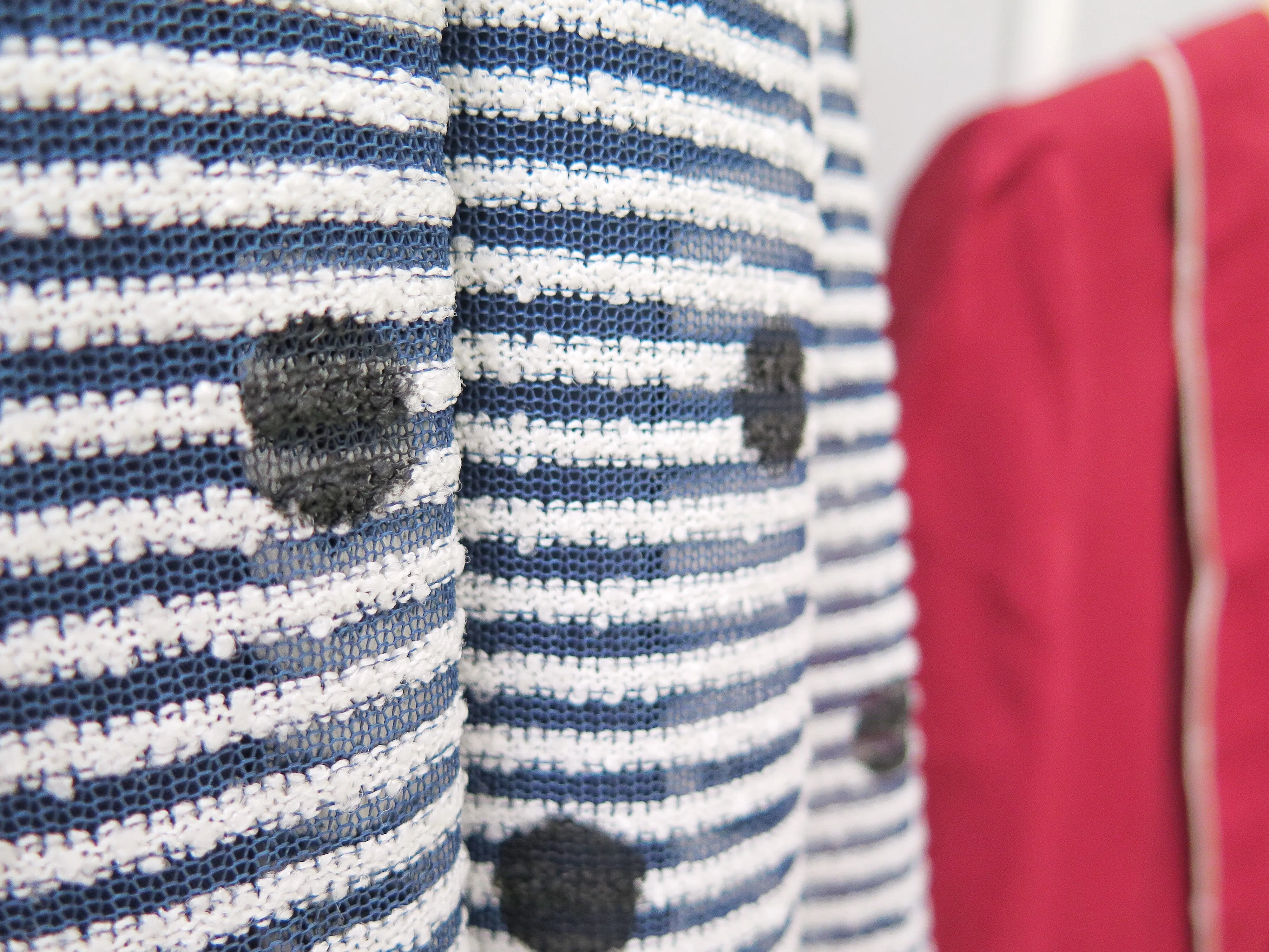 Deidre | Vintage 1950s 1960s textured blue, white, black polka dot pinstriped fit-and-flare dress