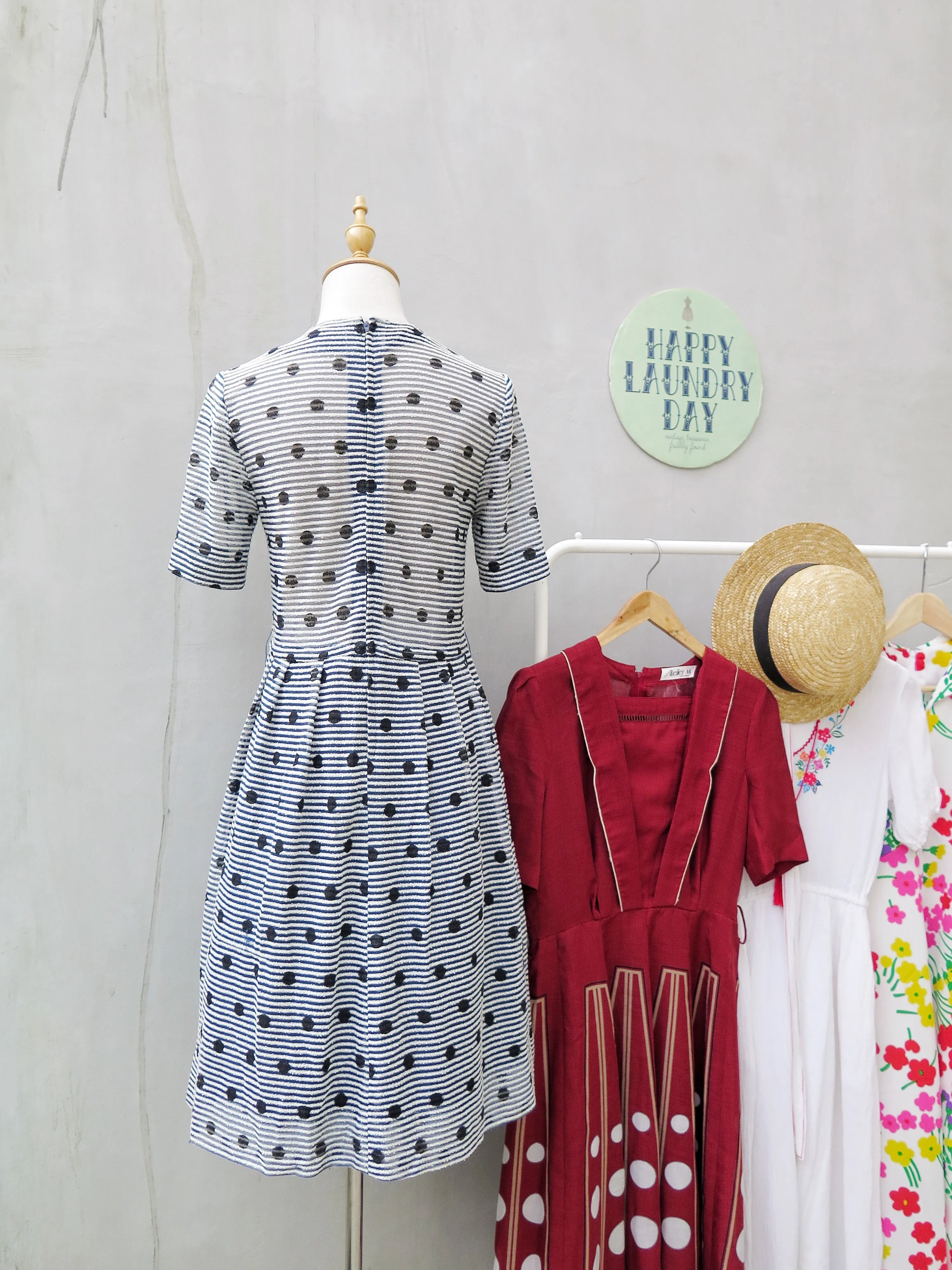 Deidre | Vintage 1950s 1960s textured blue, white, black polka dot pinstriped fit-and-flare dress