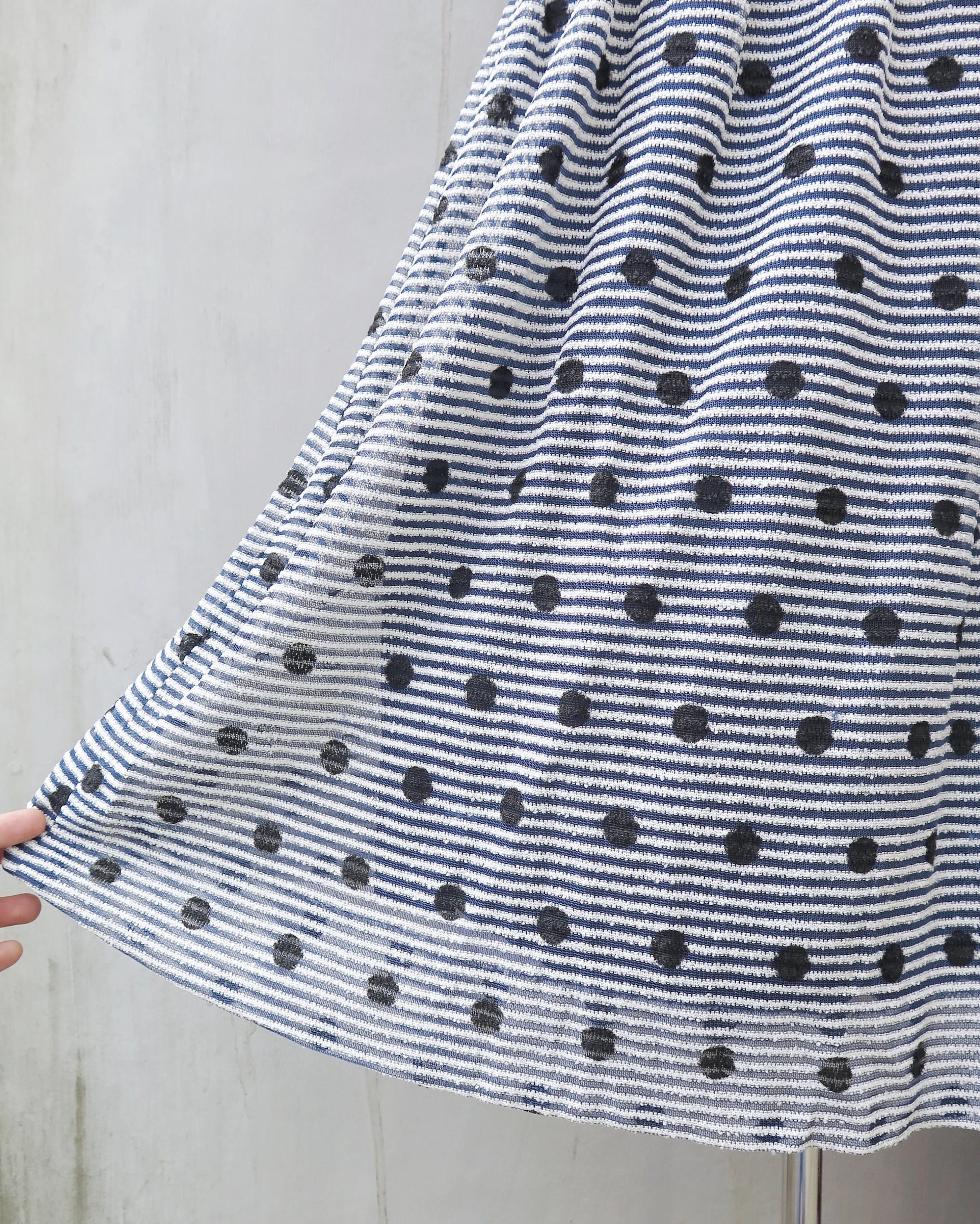 Deidre | Vintage 1950s 1960s textured blue, white, black polka dot pinstriped fit-and-flare dress