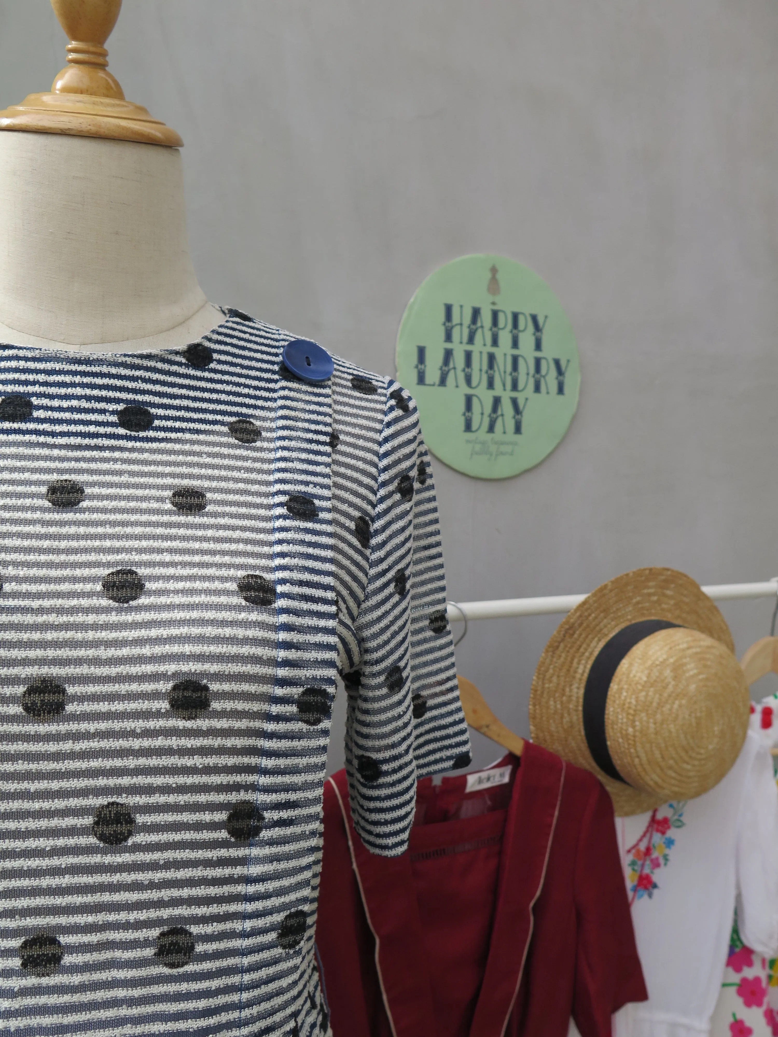 Deidre | Vintage 1950s 1960s textured blue, white, black polka dot pinstriped fit-and-flare dress
