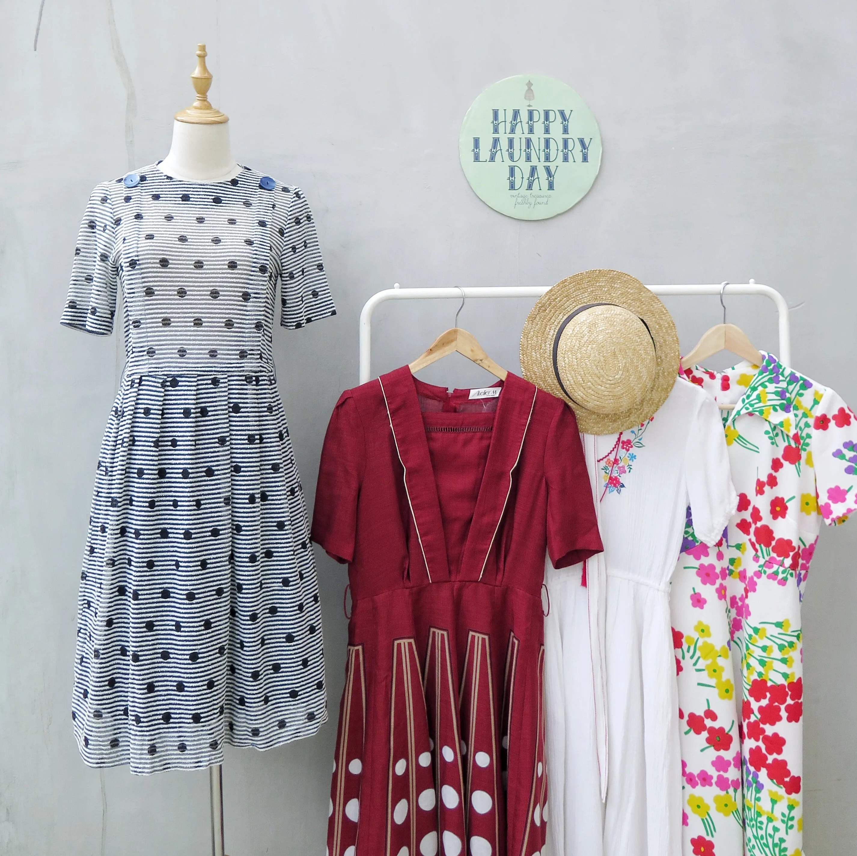 Deidre | Vintage 1950s 1960s textured blue, white, black polka dot pinstriped fit-and-flare dress
