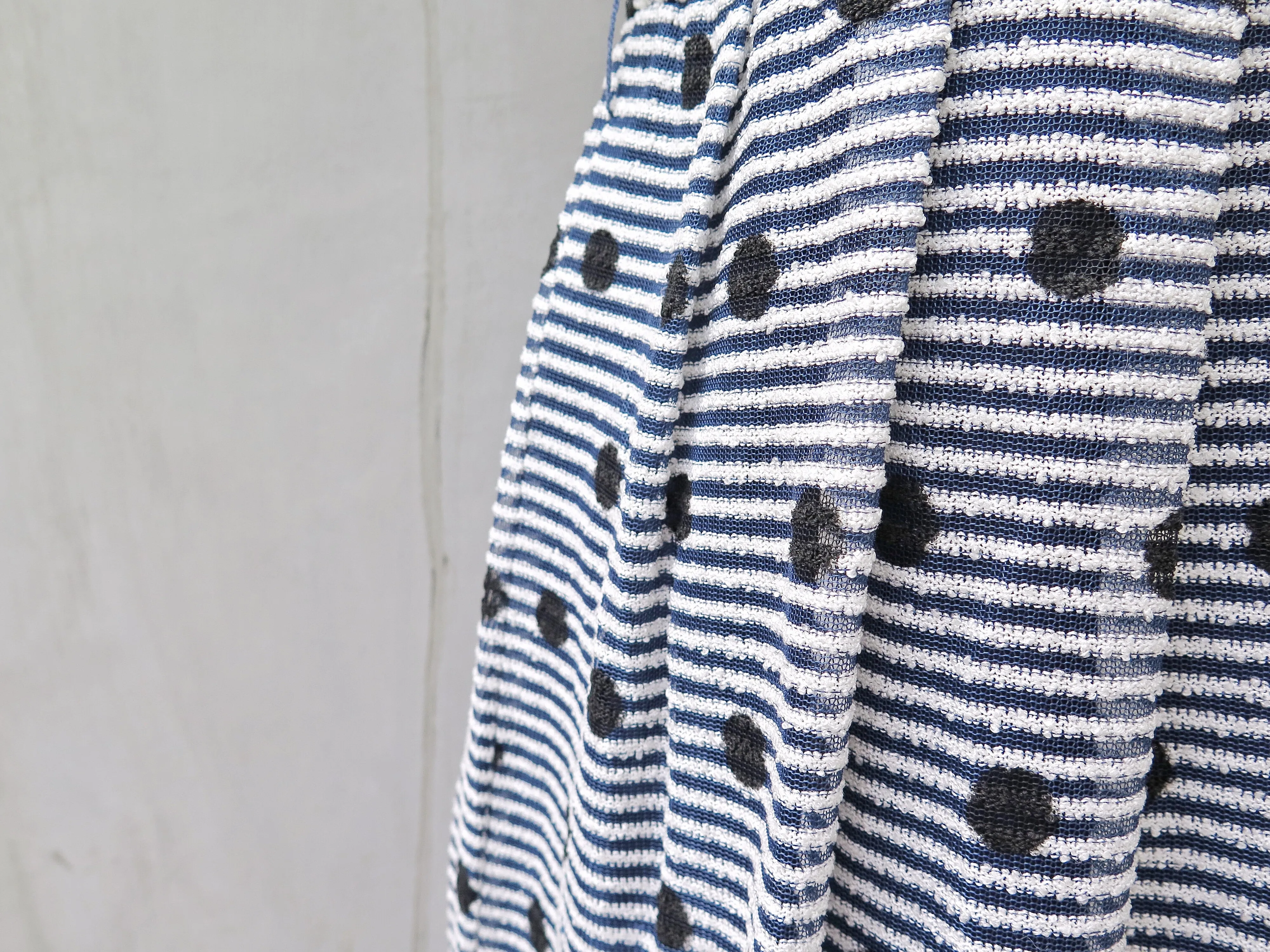Deidre | Vintage 1950s 1960s textured blue, white, black polka dot pinstriped fit-and-flare dress