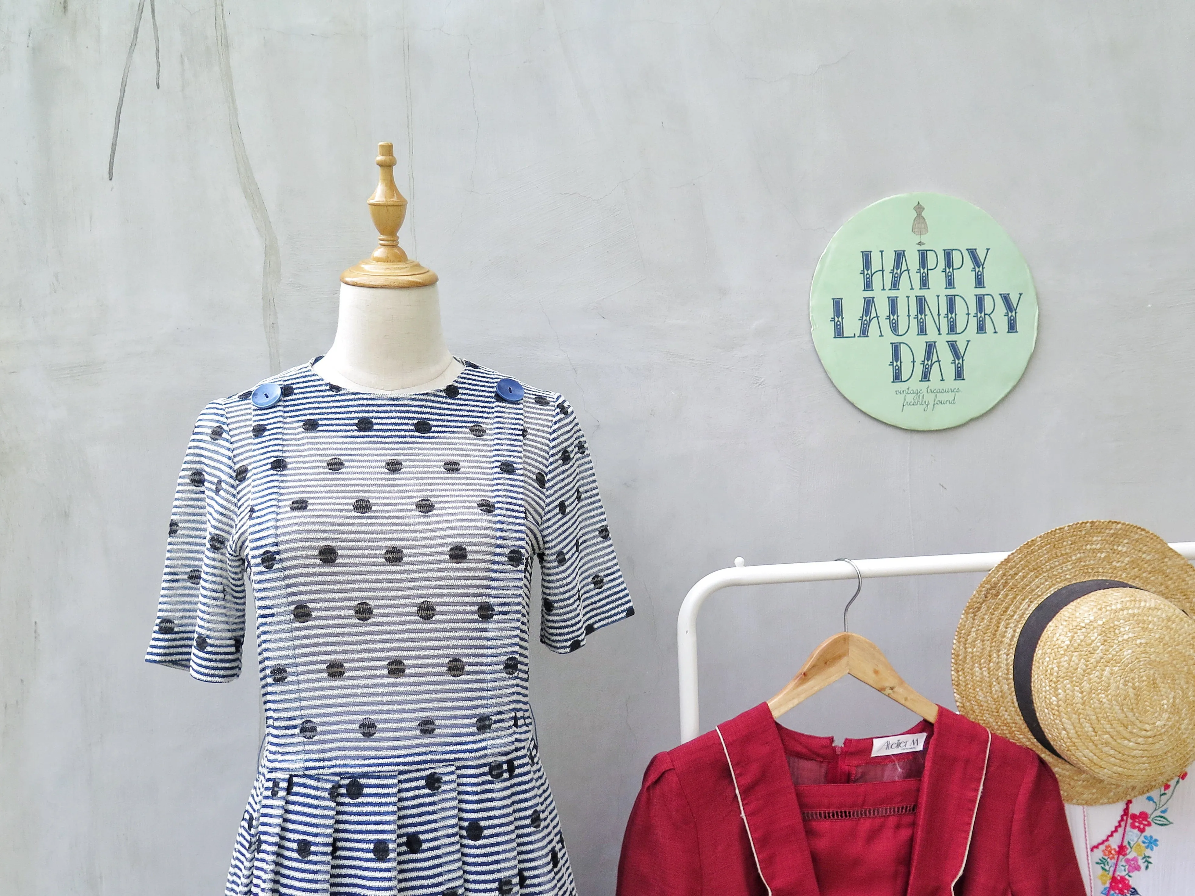 Deidre | Vintage 1950s 1960s textured blue, white, black polka dot pinstriped fit-and-flare dress
