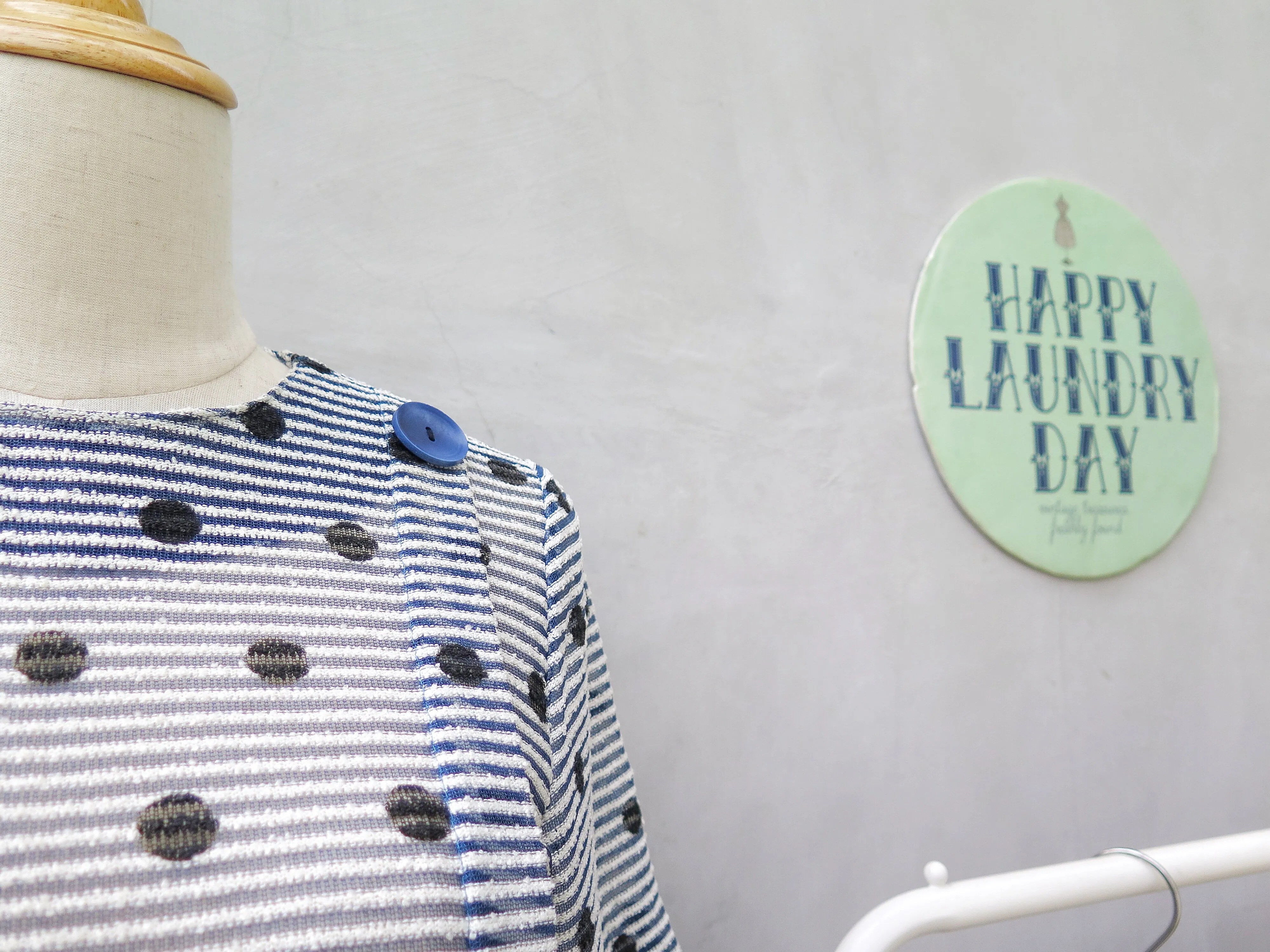 Deidre | Vintage 1950s 1960s textured blue, white, black polka dot pinstriped fit-and-flare dress