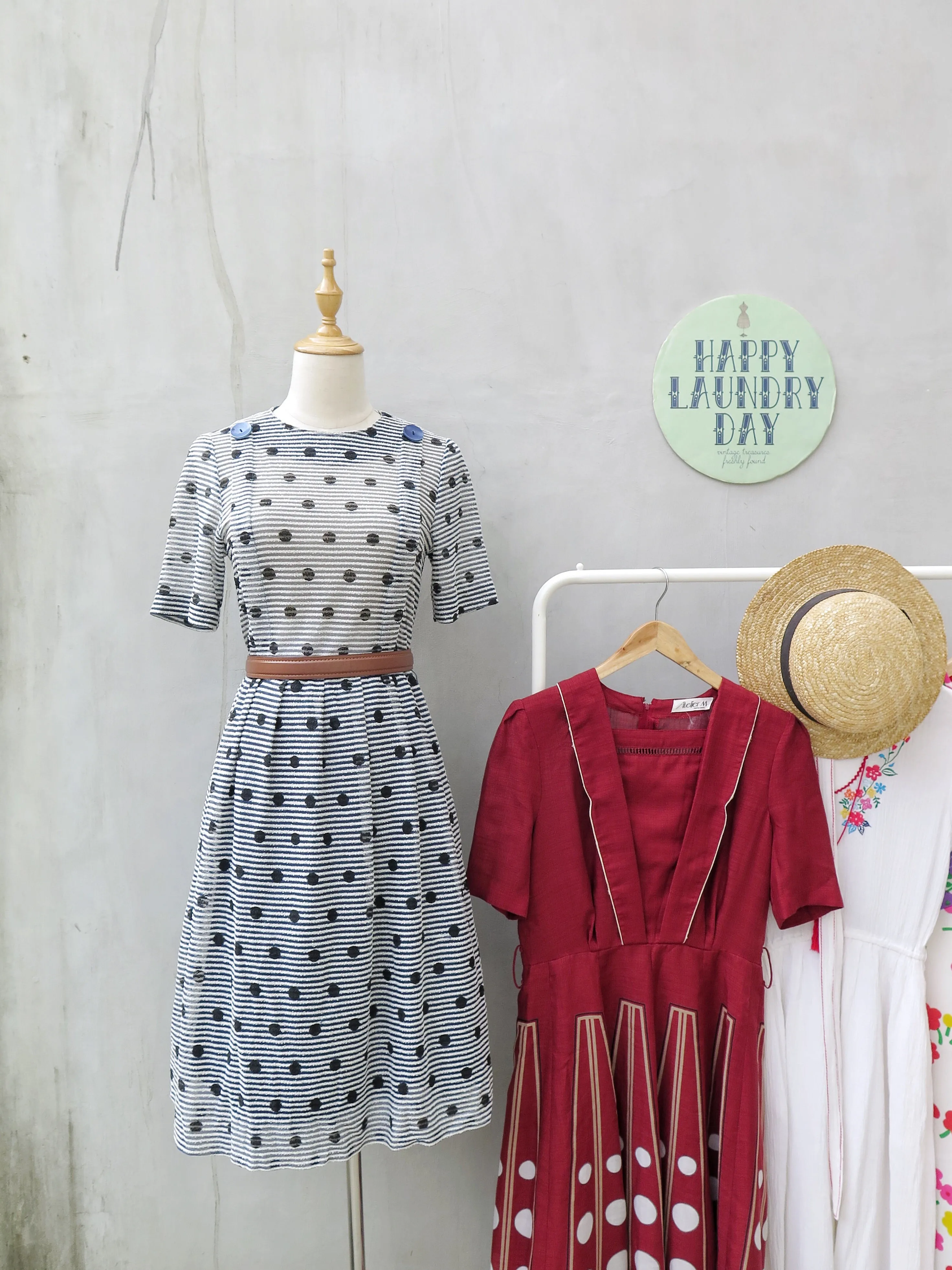 Deidre | Vintage 1950s 1960s textured blue, white, black polka dot pinstriped fit-and-flare dress