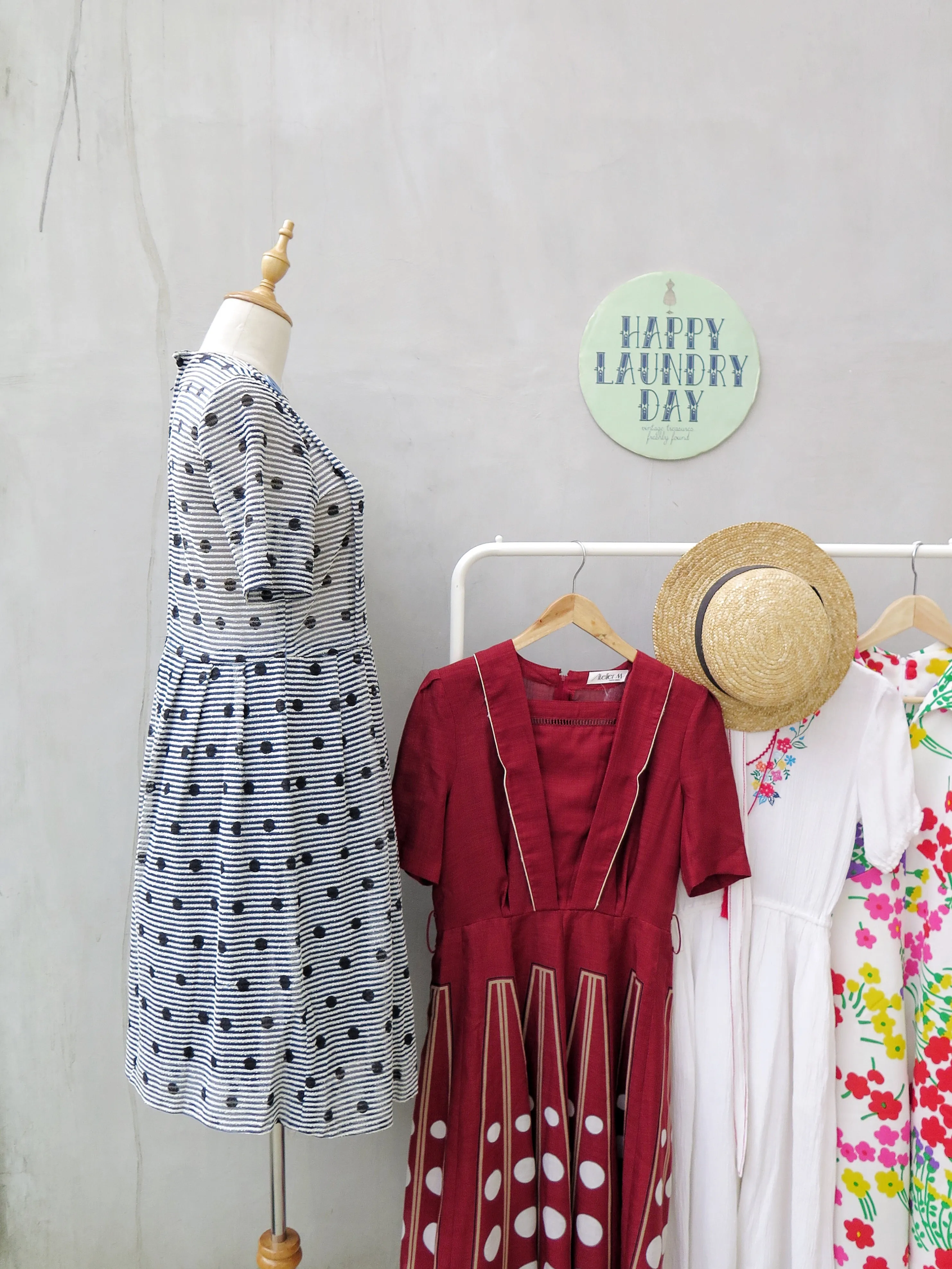 Deidre | Vintage 1950s 1960s textured blue, white, black polka dot pinstriped fit-and-flare dress