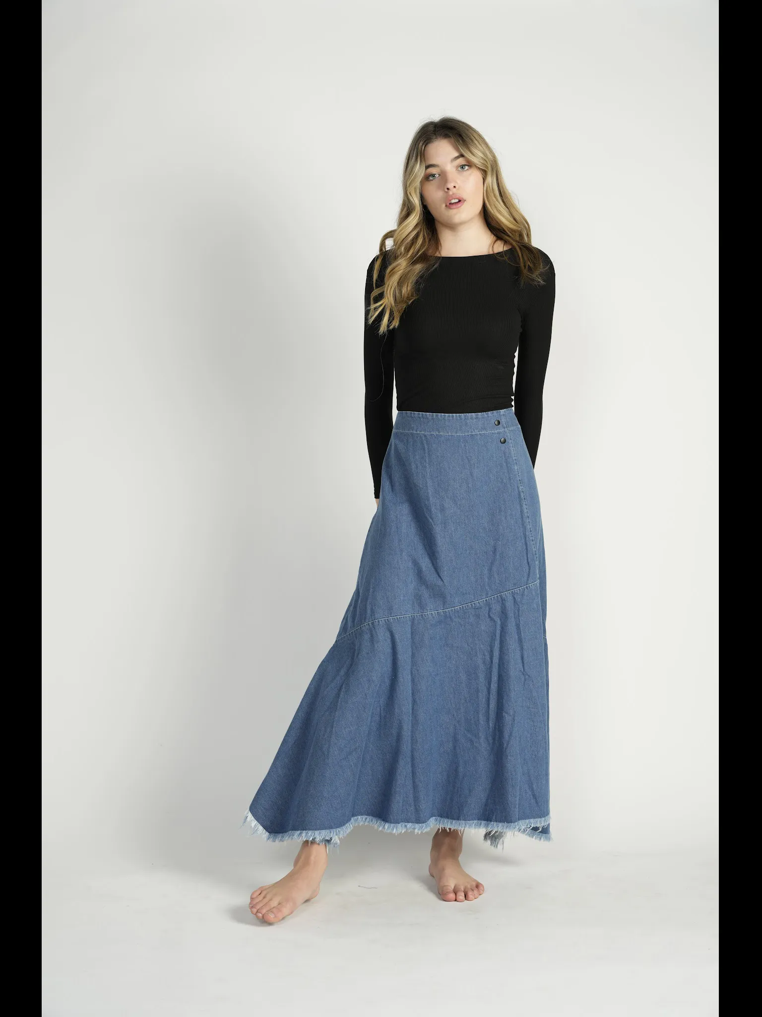 Denim Maxi with Fringe Bottom