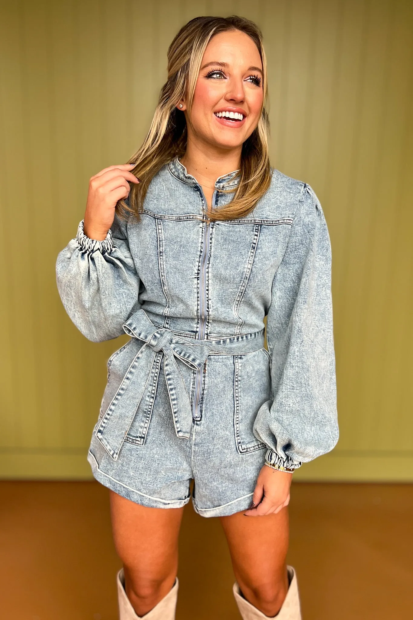 Denim Washed Front Zip Waist Strap Romper *FINAL SALE*