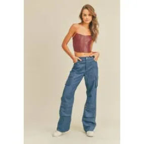 Denim Wide Leg Full Length Cargo Pants