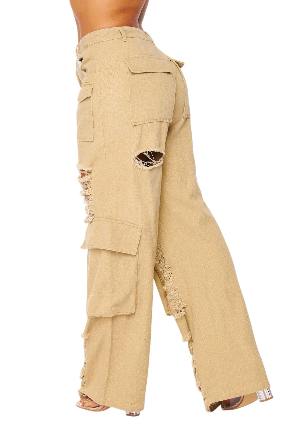 Distressed Wide Leg Cargo Pocket Pants