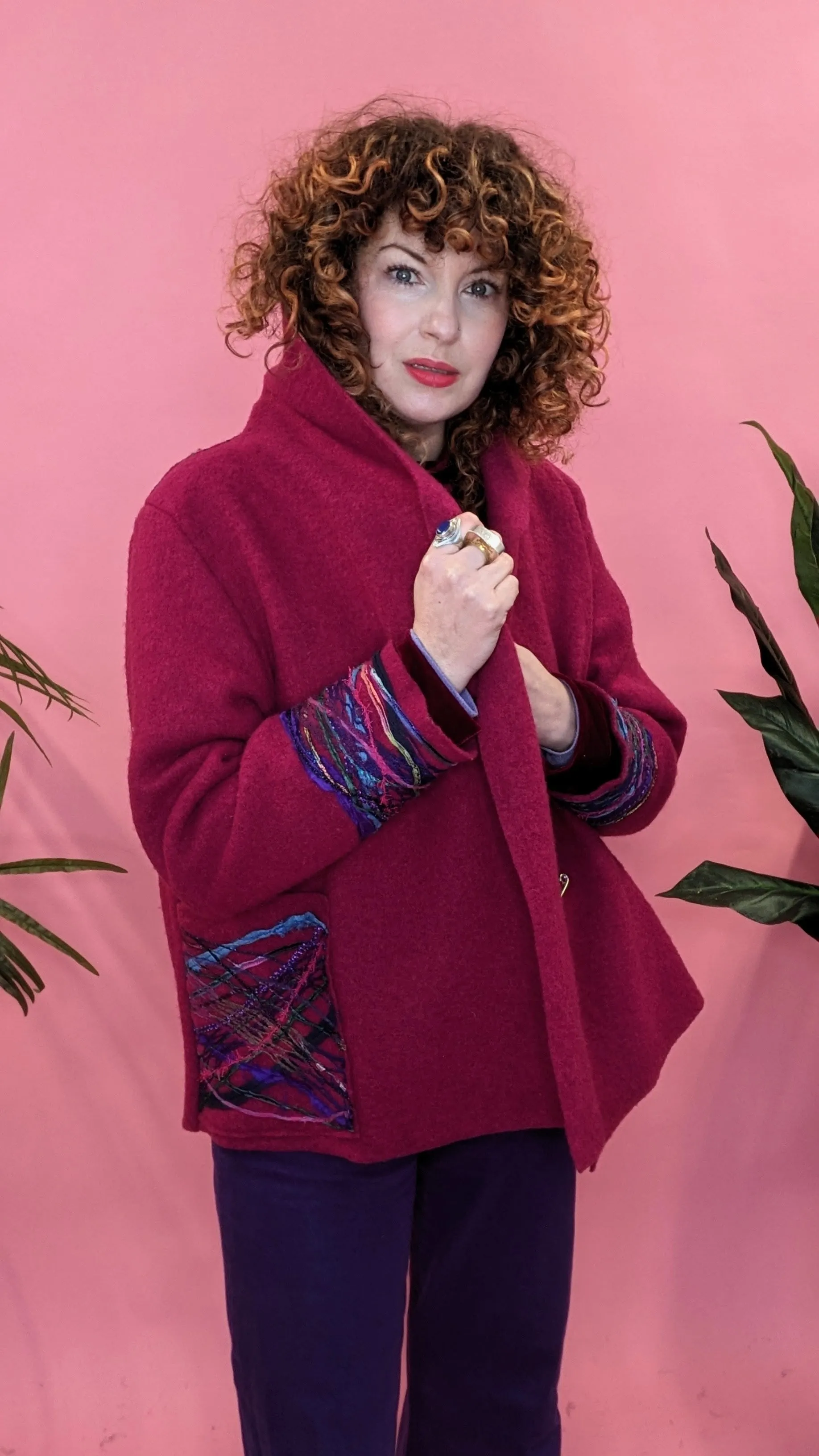 Embellished Cropped Wool Coat in Cherry