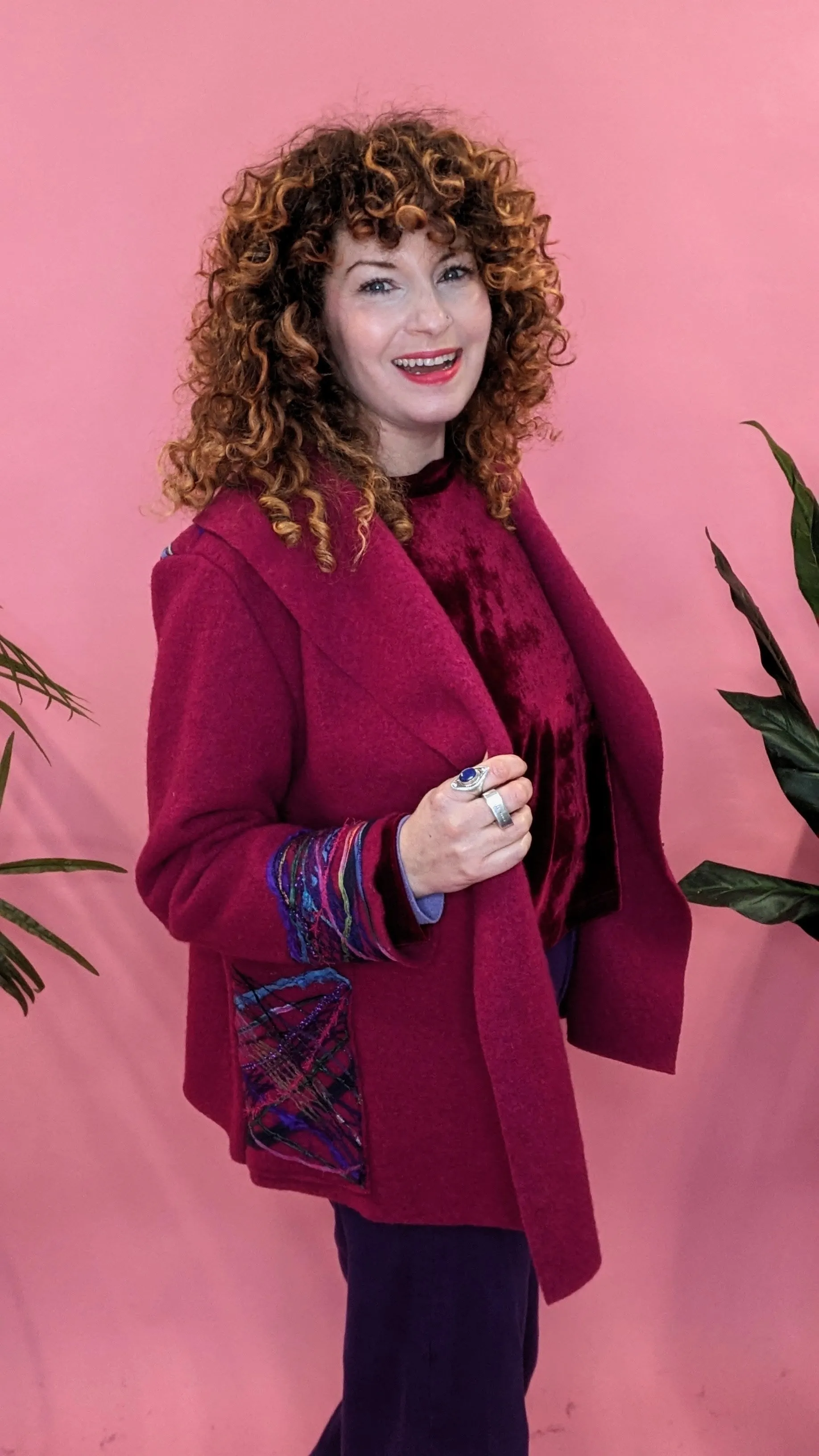 Embellished Cropped Wool Coat in Cherry
