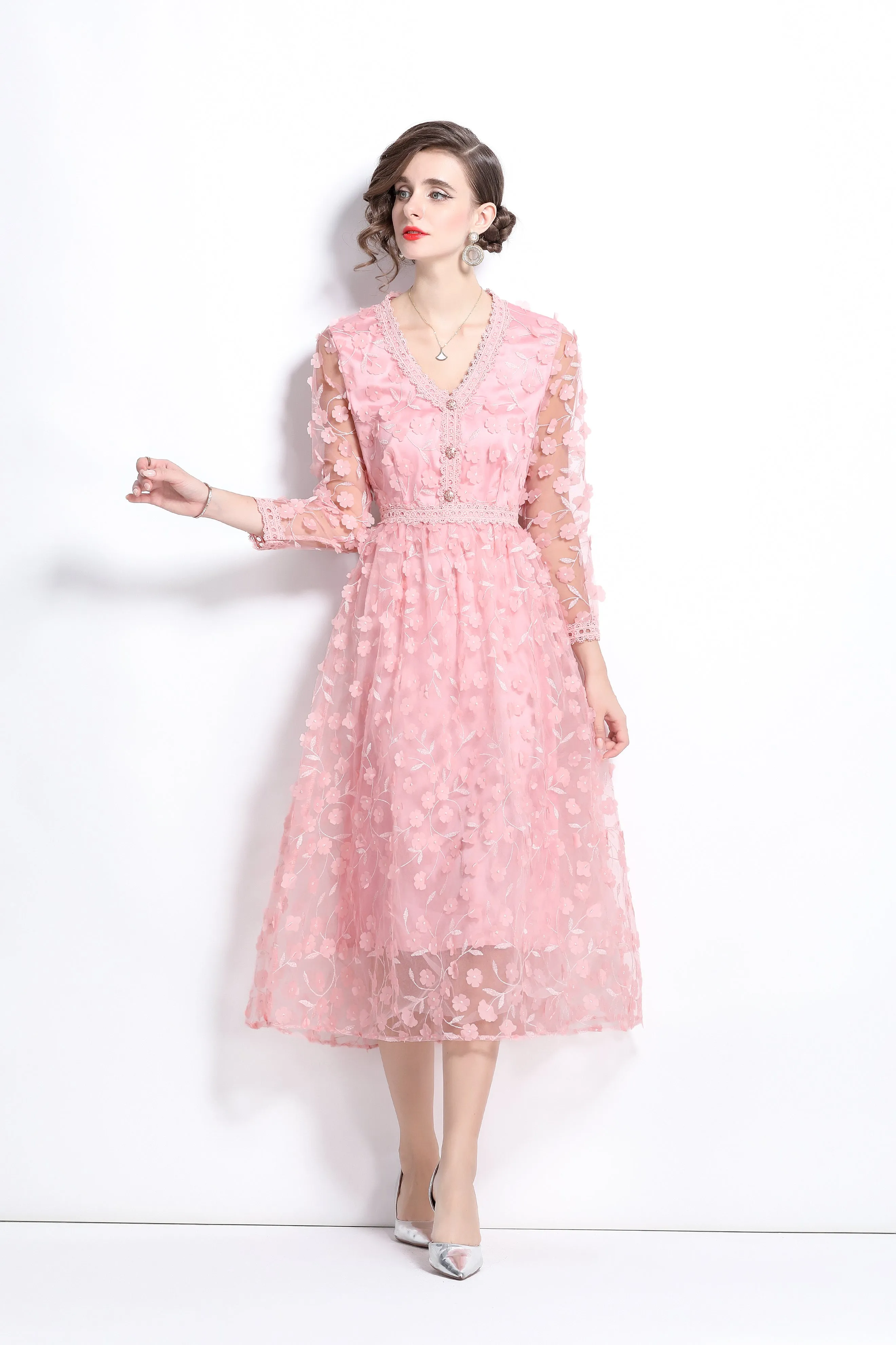 Embroidery V-neck mesh lace midi dress