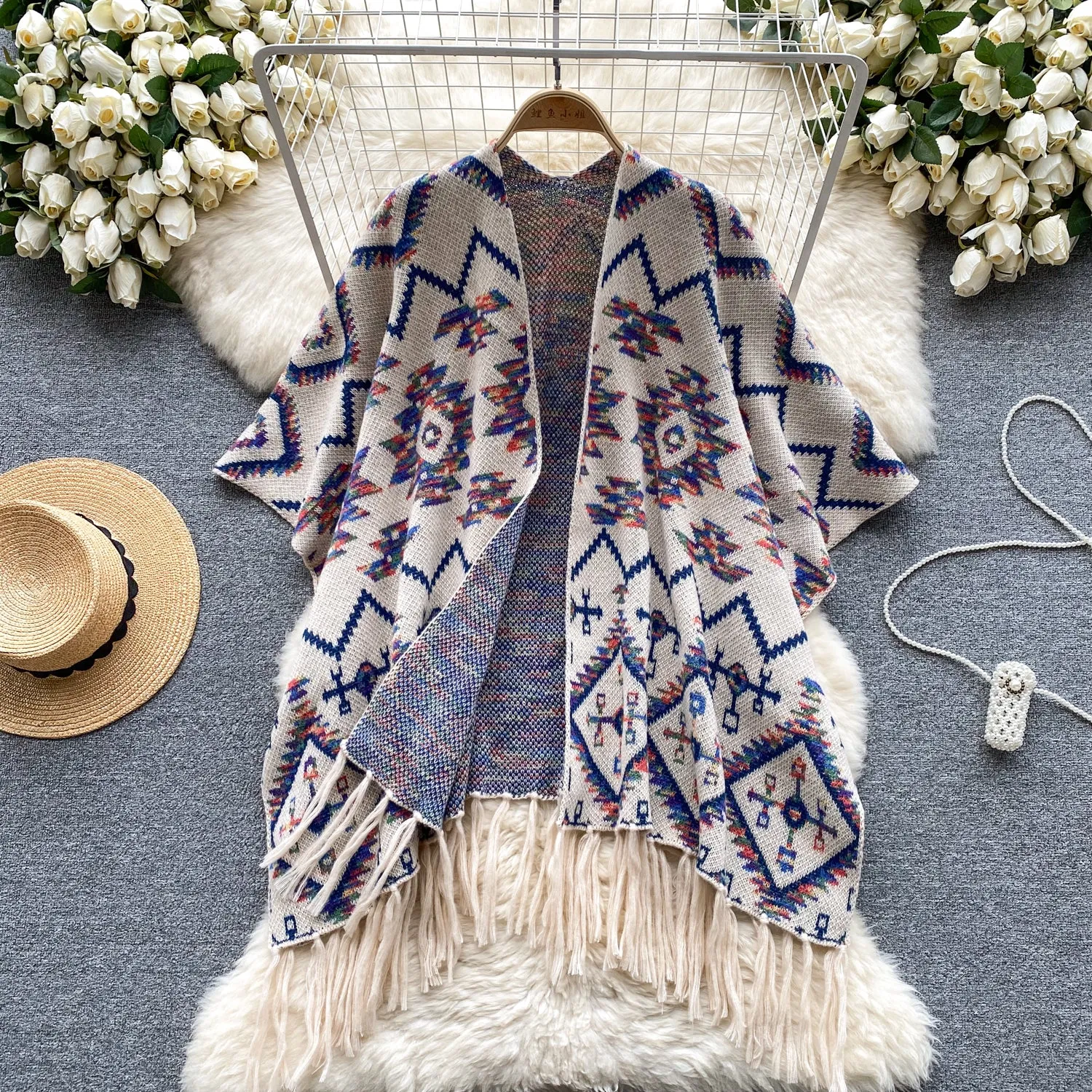 Ethnic Style Fringed Printed Cardigan